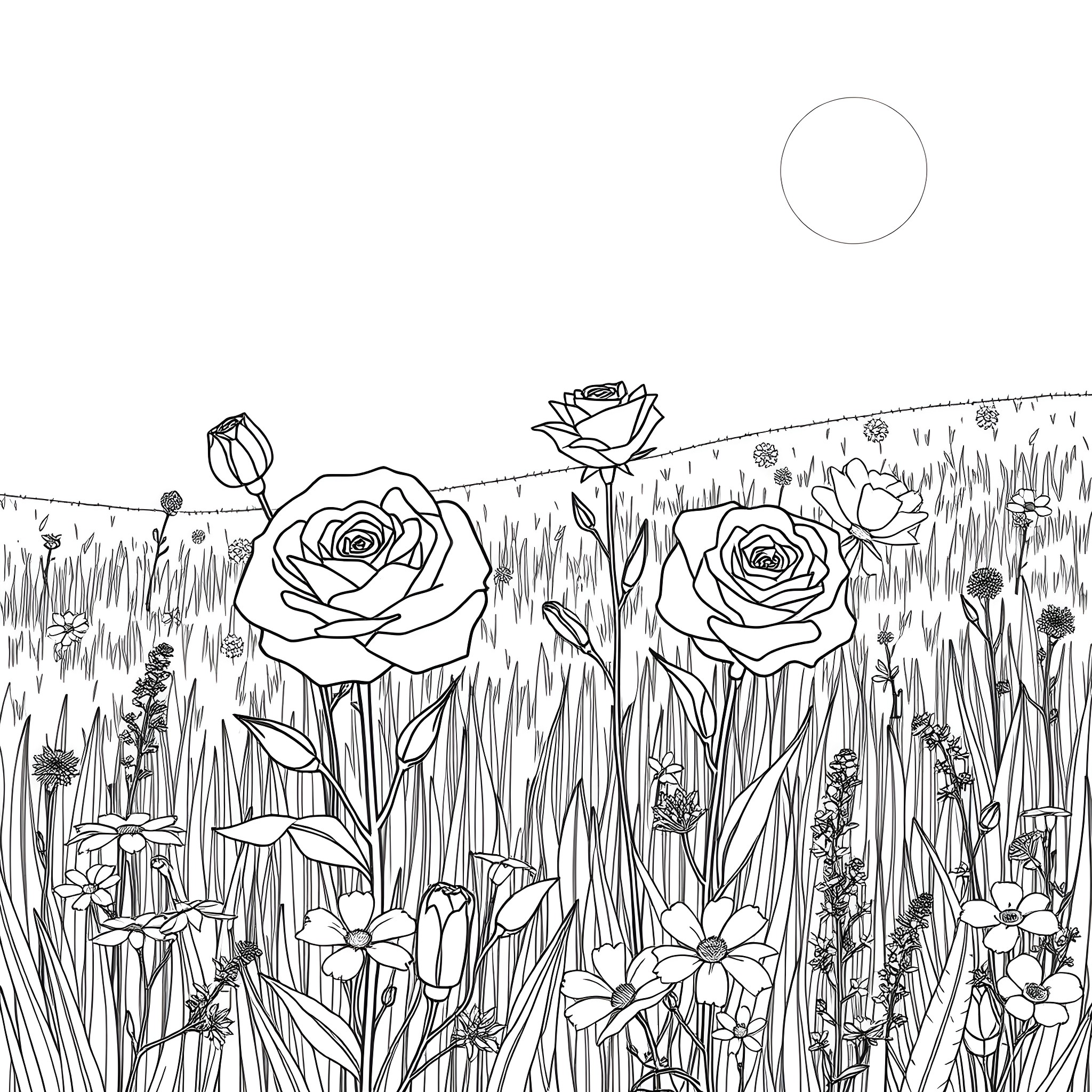 Rose Garden in a Flowery Field Coloring Page (free black-and-white line drawing printable PDF for all, from beginners to advanced learners, including children, teens, adults, and seniors)