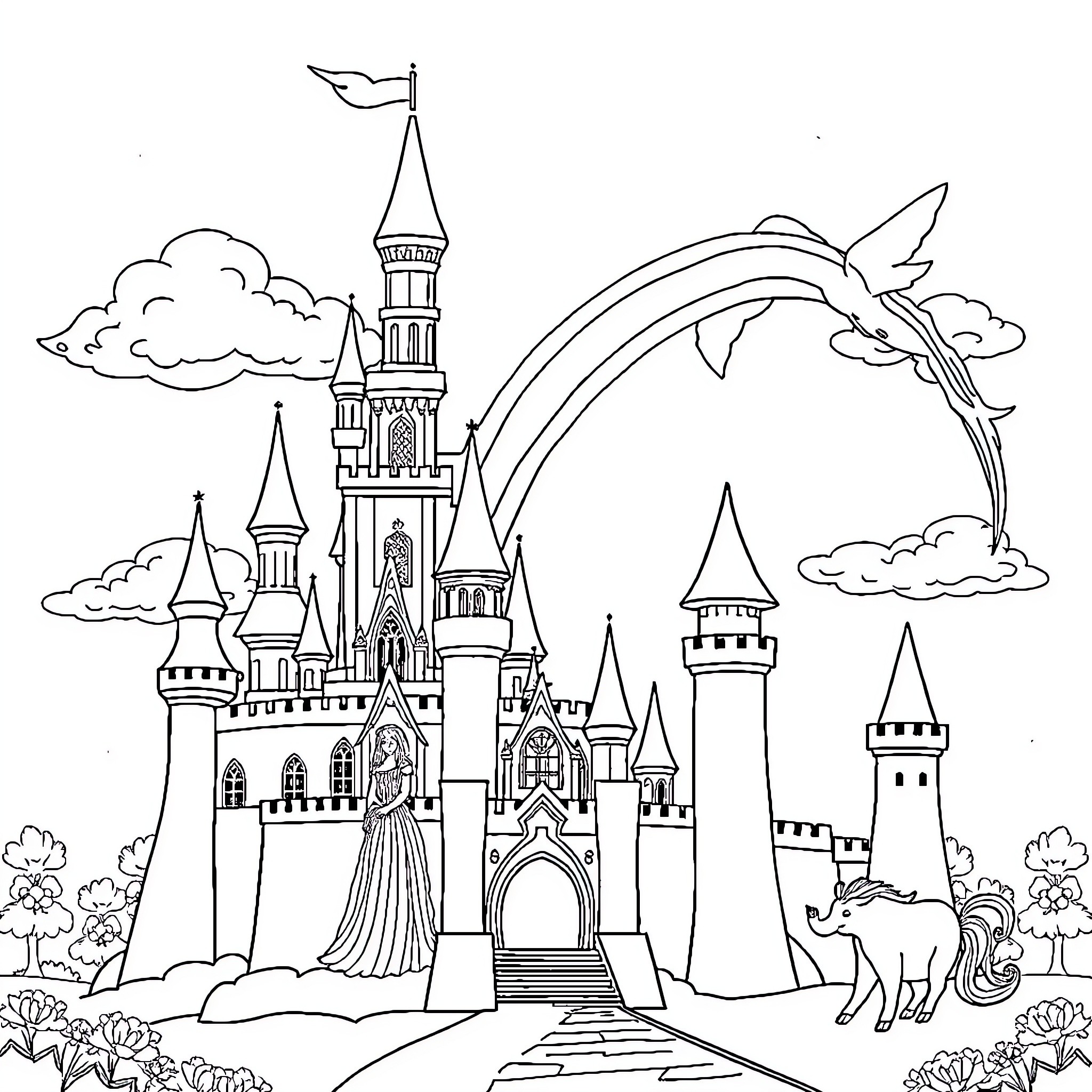 Princess in a whimsical castle with magical creatures Coloring Page (free black-and-white line drawing printable PDF for all, from beginners to advanced learners, including children, teens, adults, and seniors)