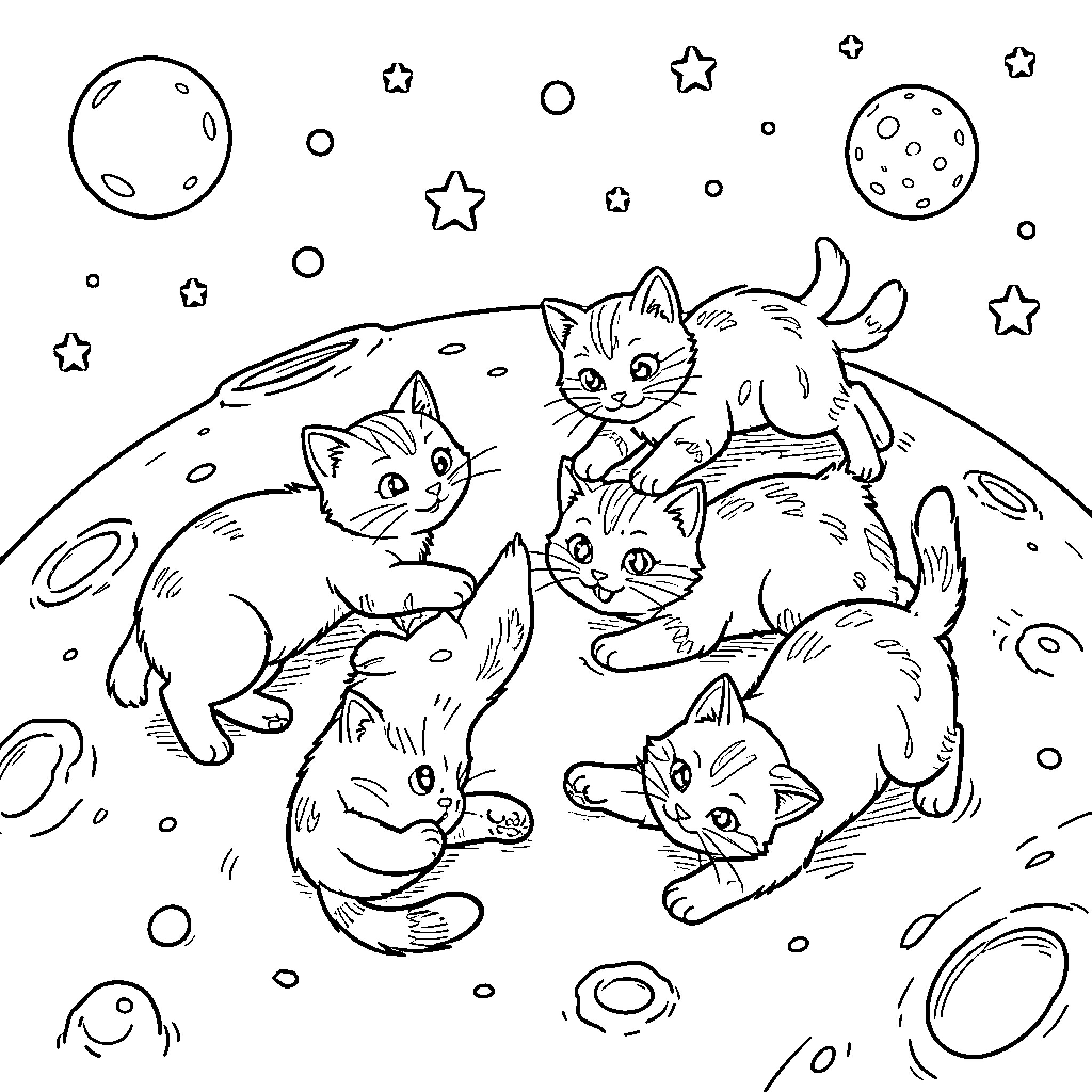 Kitten group playing together on the moon surface Coloring Page (free black-and-white line drawing printable PDF for all, from beginners to advanced learners, including children, teens, adults, and seniors)