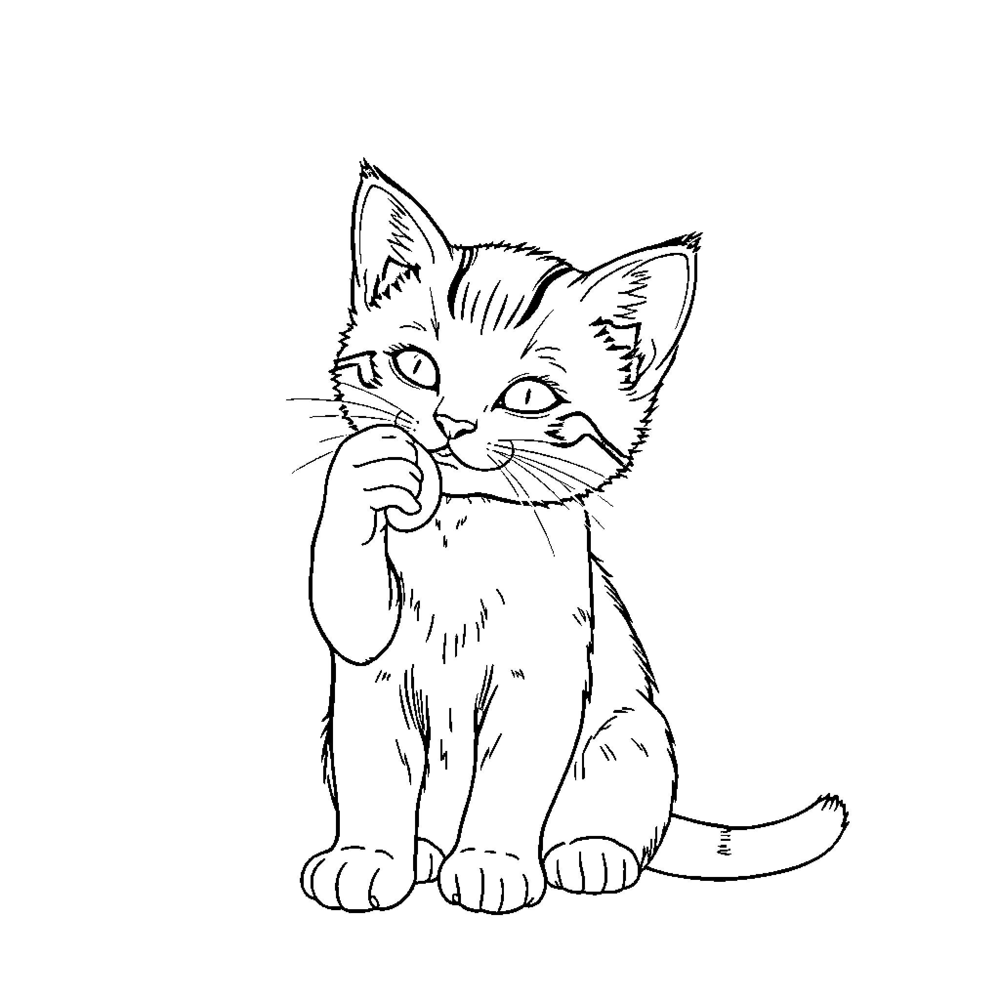 Cat licking its paw curiously Coloring Page (free black-and-white line drawing printable PDF for all, from beginners to advanced learners, including children, teens, adults, and seniors)