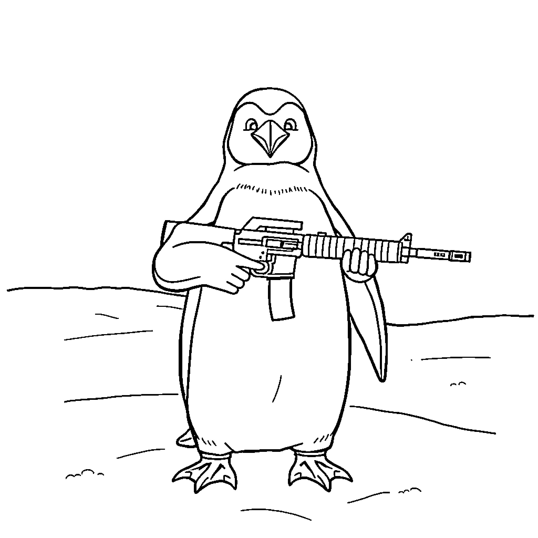 Penguin holding a futuristic weapon Coloring Page (free black-and-white line drawing printable PDF for all, from beginners to advanced learners, including children, teens, adults, and seniors)