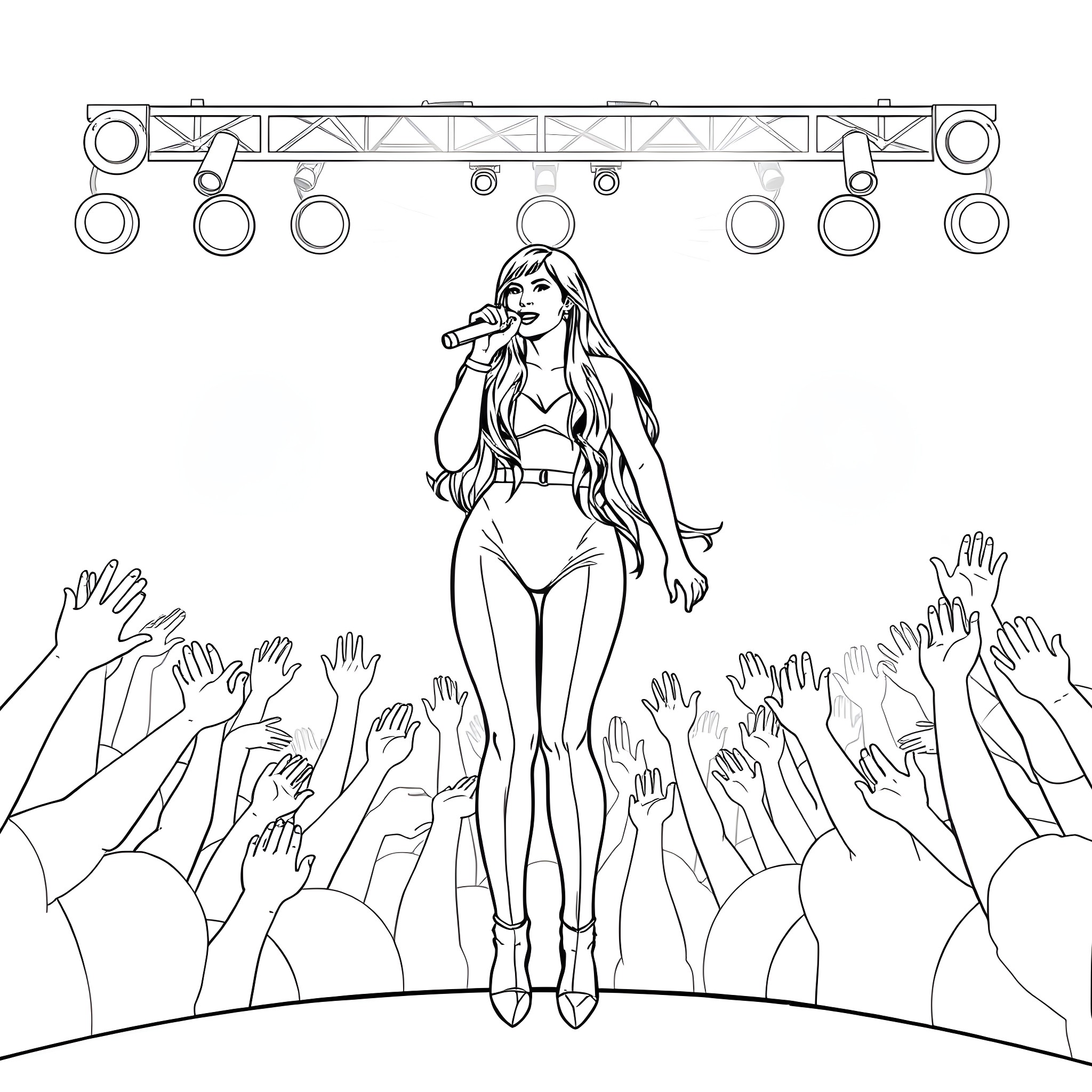 Nicki performing on stage with eager audience Coloring Page (free black-and-white line drawing printable PDF for all, from beginners to advanced learners, including children, teens, adults, and seniors)