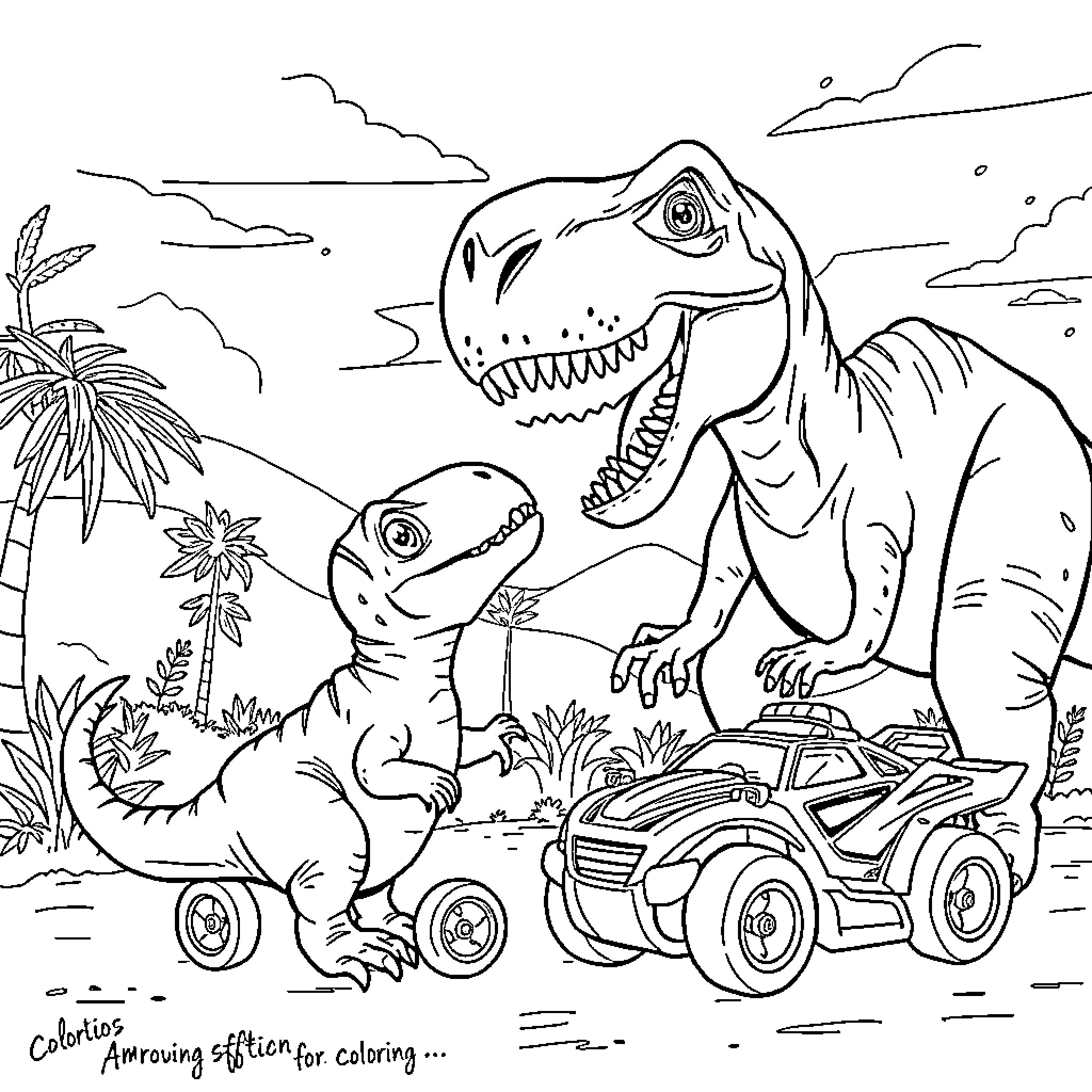 T-Rex and Baby Dinosaur Playing on ATV in Prehistoric Landscape Coloring Page (free black-and-white line drawing printable PDF for all, from beginners to advanced learners, including children, teens, adults, and seniors)