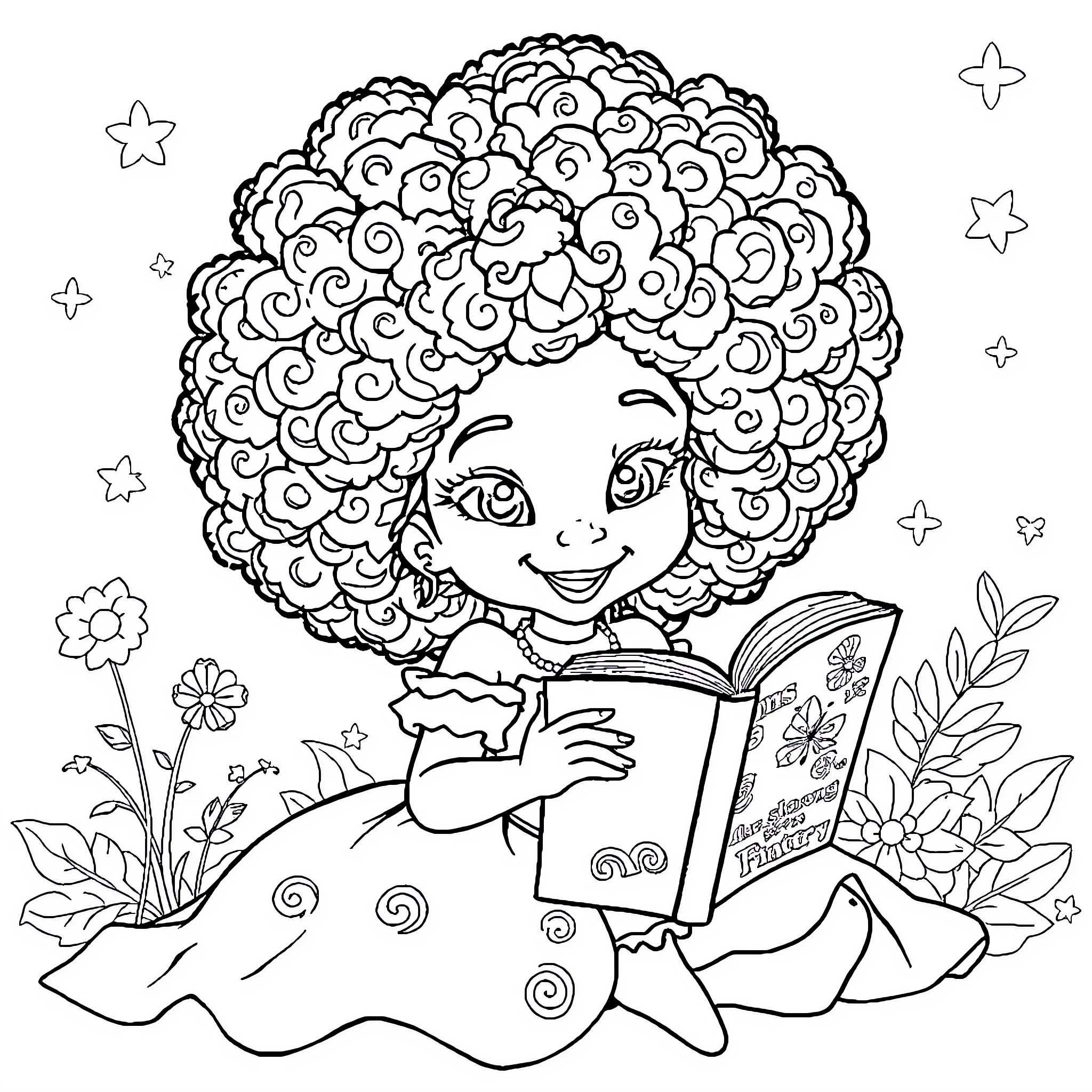 Princess Reading a Magical Book in Nature Coloring Page (free black-and-white line drawing printable PDF for all, from beginners to advanced learners, including children, teens, adults, and seniors)