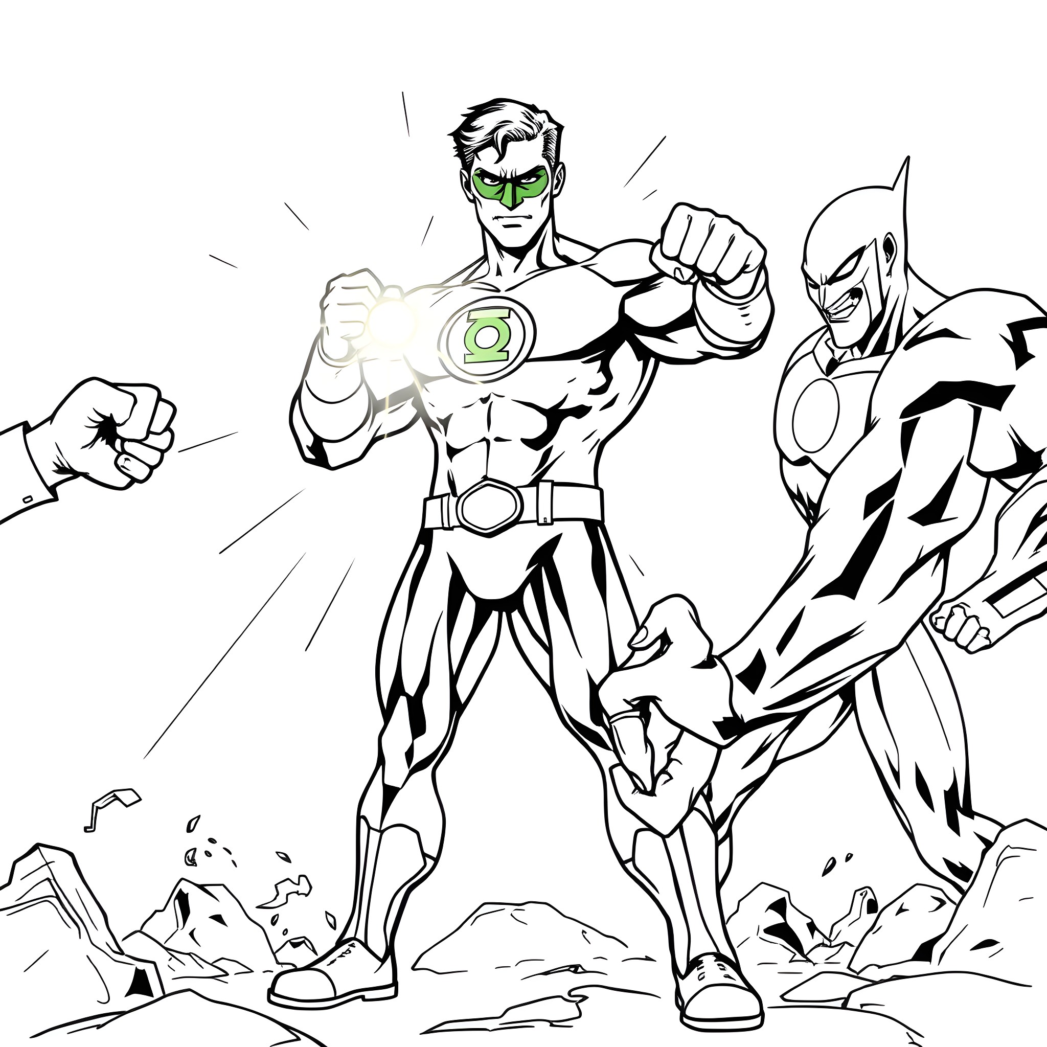 Green Lantern Heroes Battling Fierce Foes Coloring Page (free black-and-white line drawing printable PDF for all, from beginners to advanced learners, including children, teens, adults, and seniors)