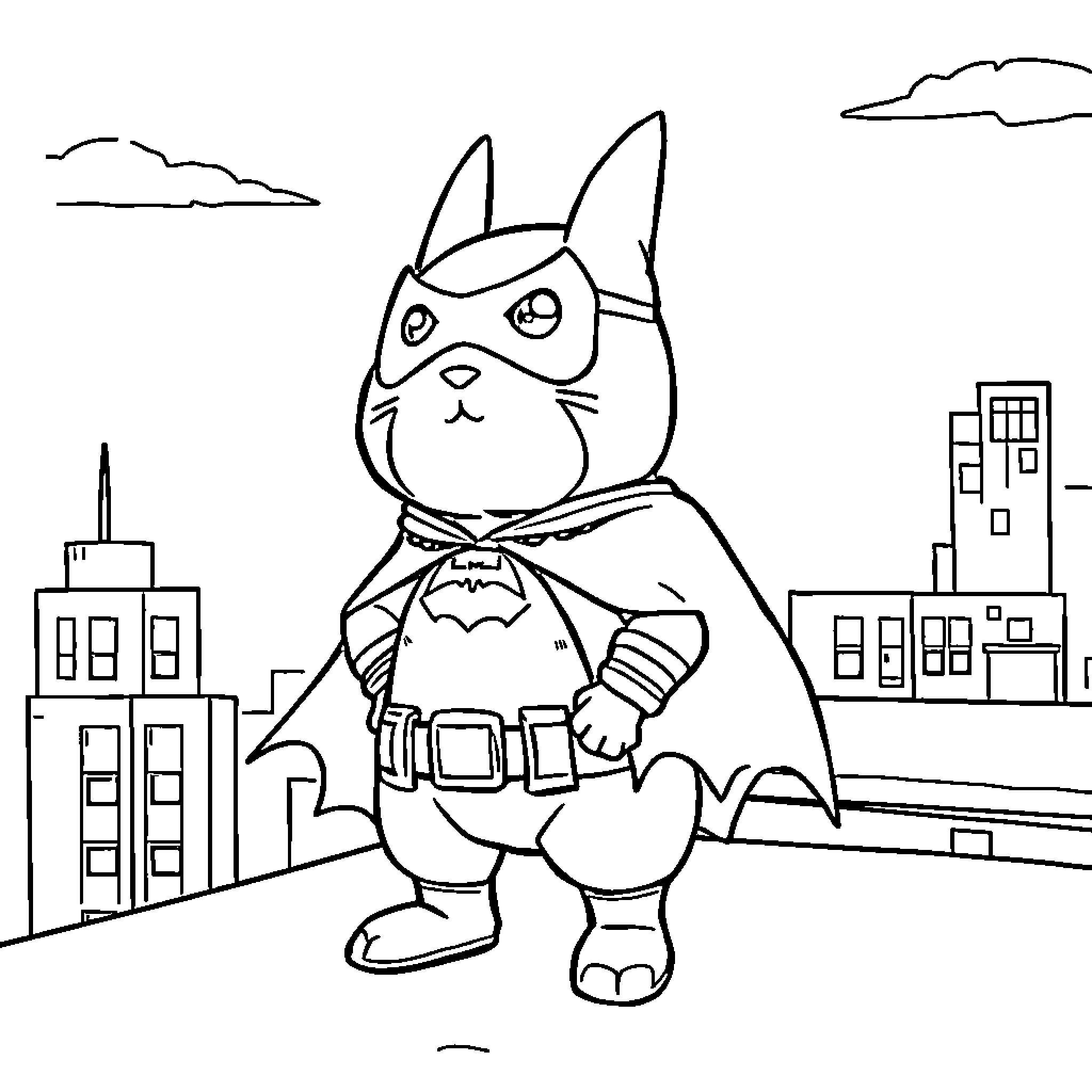 Cinnamonroll as a superhero in the city Coloring Page (free black-and-white line drawing printable PDF for all, from beginners to advanced learners, including children, teens, adults, and seniors)