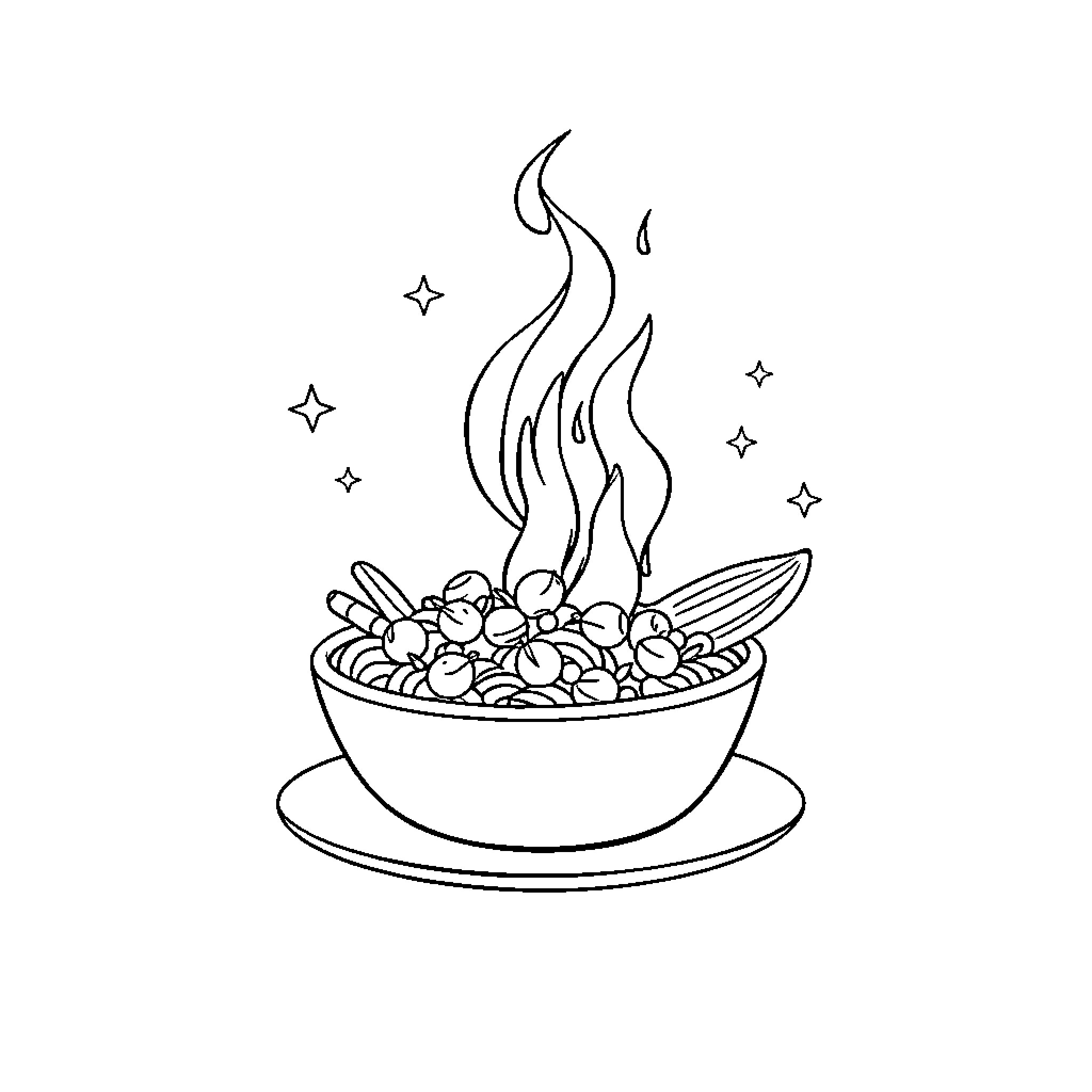 Food Bowl with Steaming Dish and Starry Decor Coloring Page (free black-and-white line drawing printable PDF for all, from beginners to advanced learners, including children, teens, adults, and seniors)