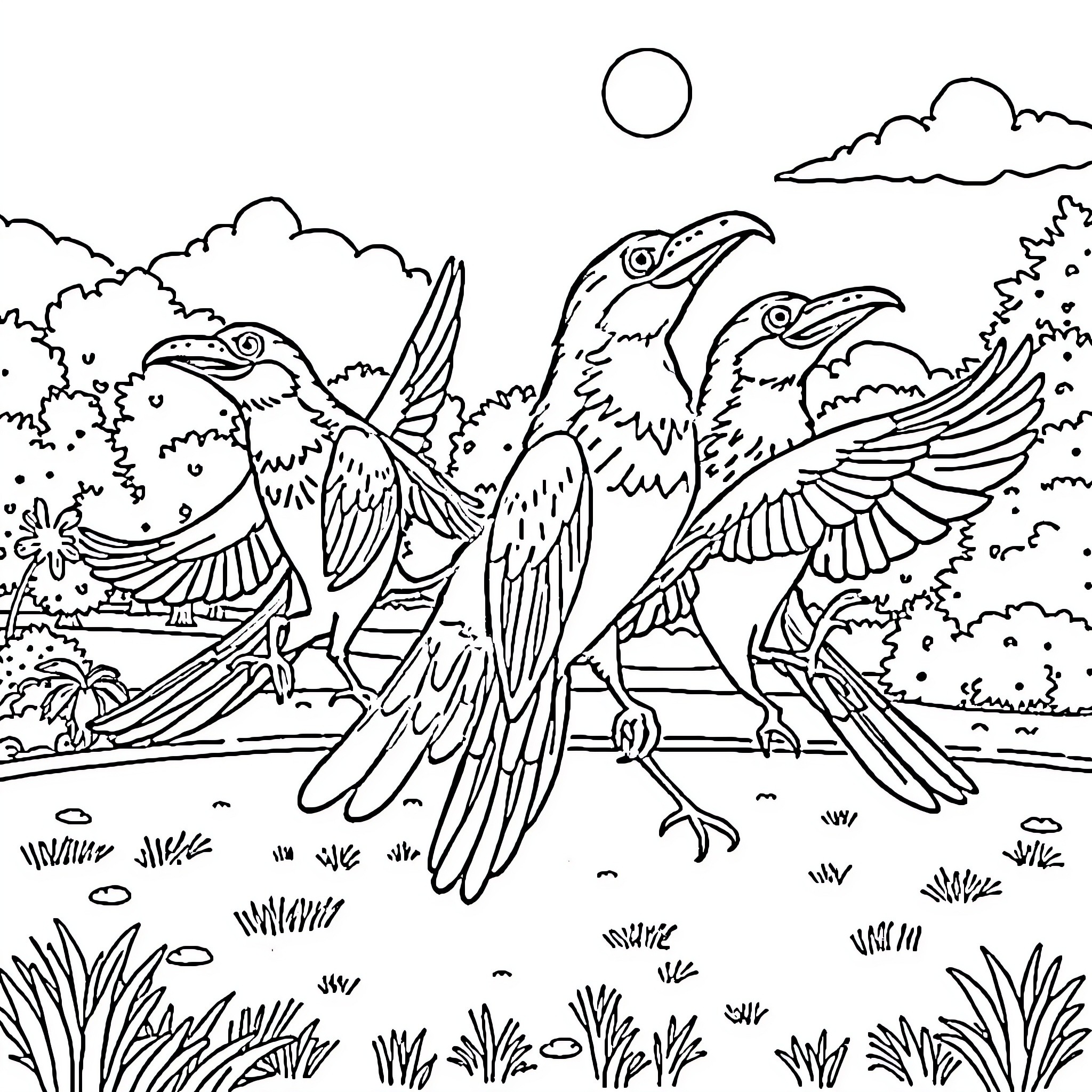 Raptors soaring through the lush wilderness Coloring Page (free black-and-white line drawing printable PDF for all, from beginners to advanced learners, including children, teens, adults, and seniors)