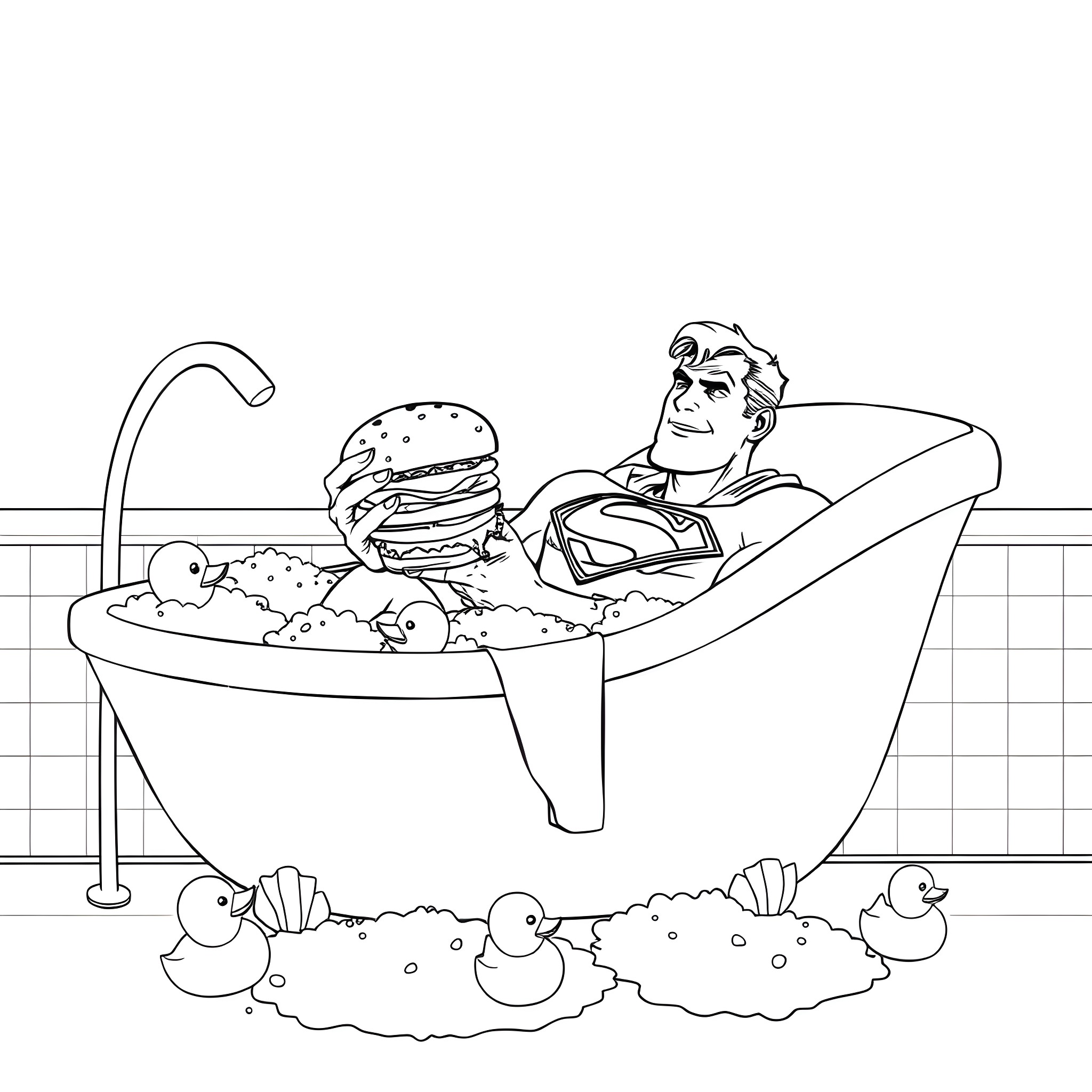 Superman relaxes in a bubble bath with fast food Coloring Page (free black-and-white line drawing printable PDF for all, from beginners to advanced learners, including children, teens, adults, and seniors)