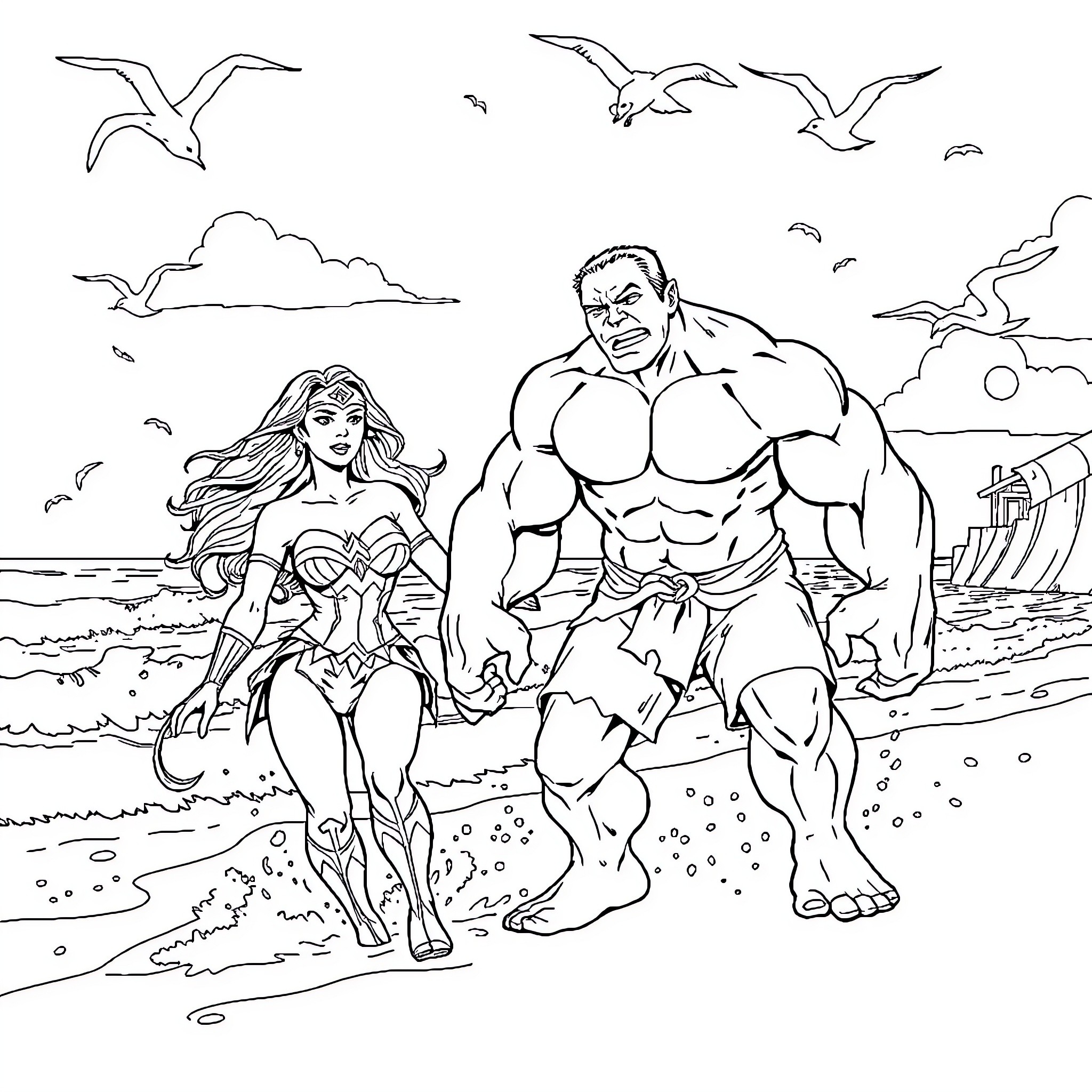 Wonder Woman and Muscular Superhero on the Beach Coloring Page (free black-and-white line drawing printable PDF for all, from beginners to advanced learners, including children, teens, adults, and seniors)