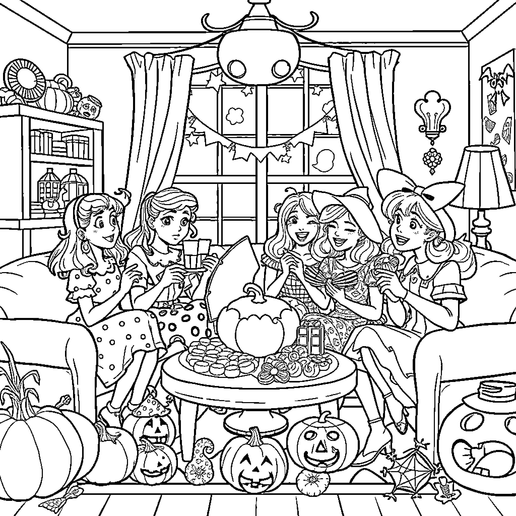 Golden Girls Celebrate Halloween Together Coloring Page (free black-and-white line drawing printable PDF for all, from beginners to advanced learners, including children, teens, adults, and seniors)