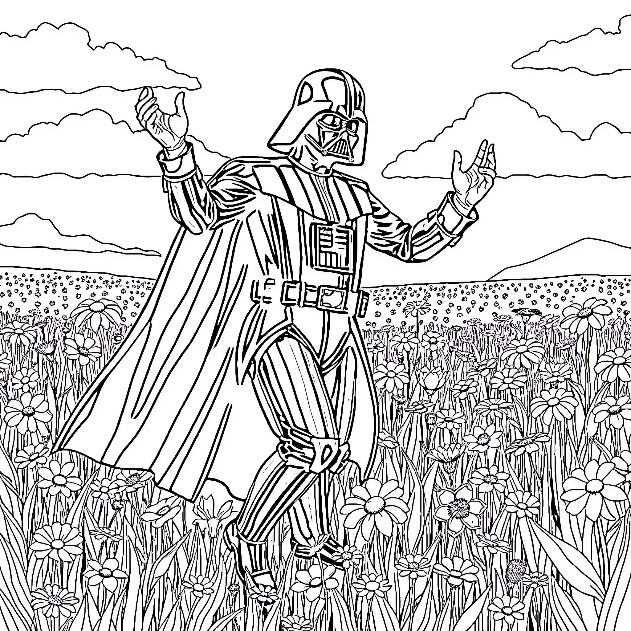 Darth Vader in a Serene Meadow Coloring Page (free black-and-white line drawing printable PDF for all, from beginners to advanced learners, including children, teens, adults, and seniors)