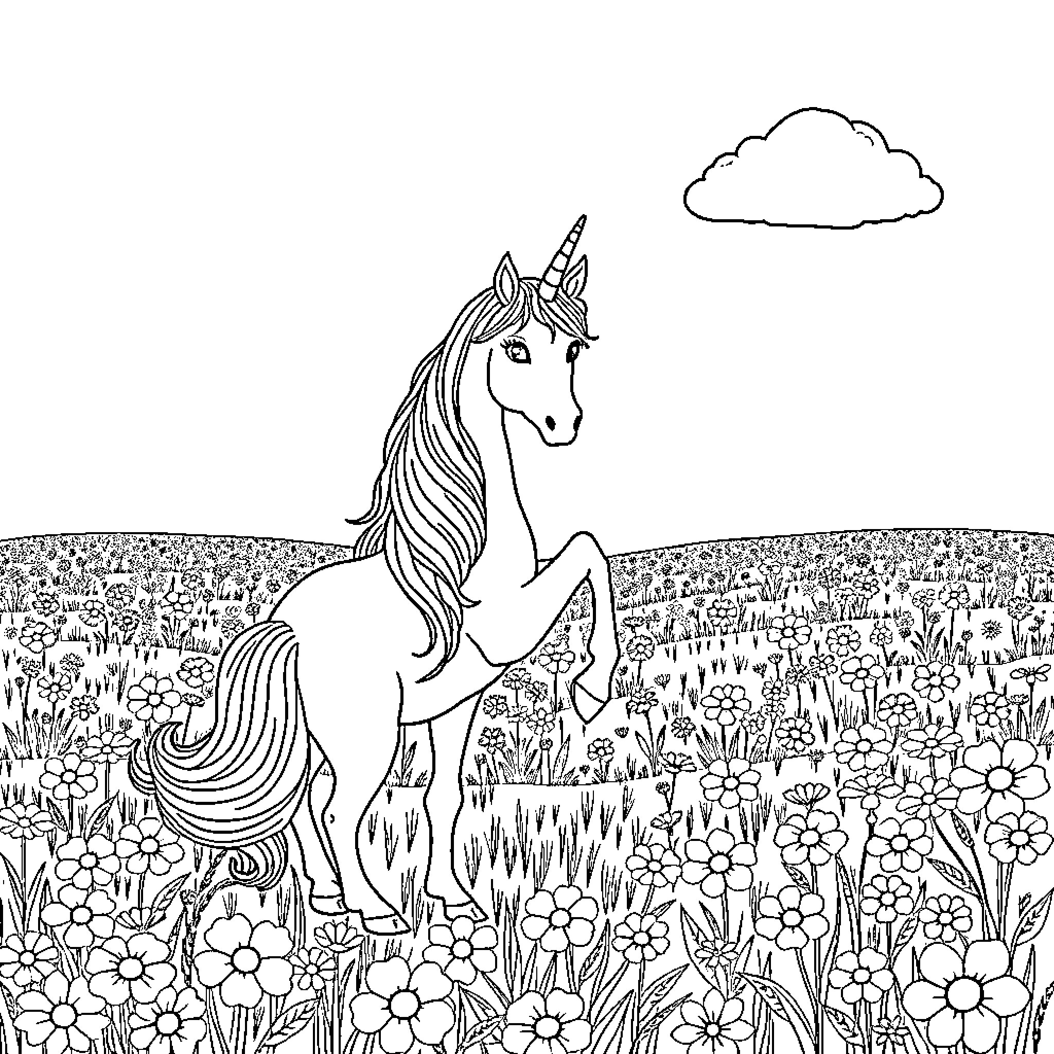 Unicorn grazing in a flowery meadow Coloring Page (free black-and-white line drawing printable PDF for all, from beginners to advanced learners, including children, teens, adults, and seniors)
