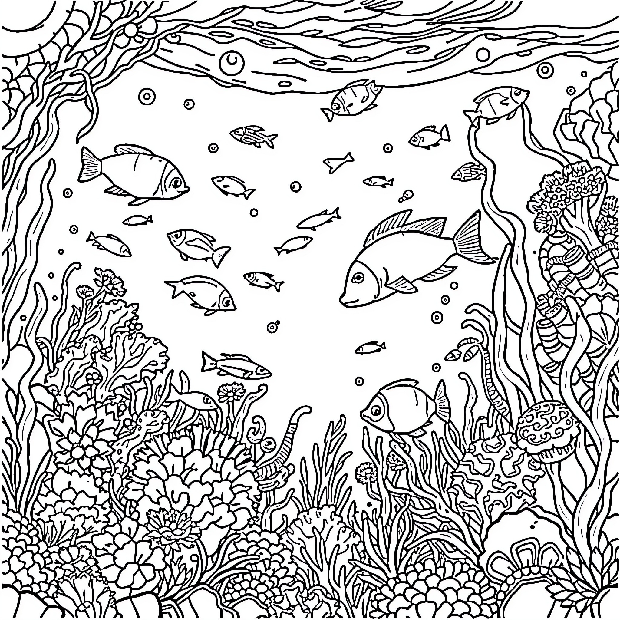 Underwater World with Diverse Marine Life Coloring Page (free black-and-white line drawing printable PDF for all, from beginners to advanced learners, including children, teens, adults, and seniors)