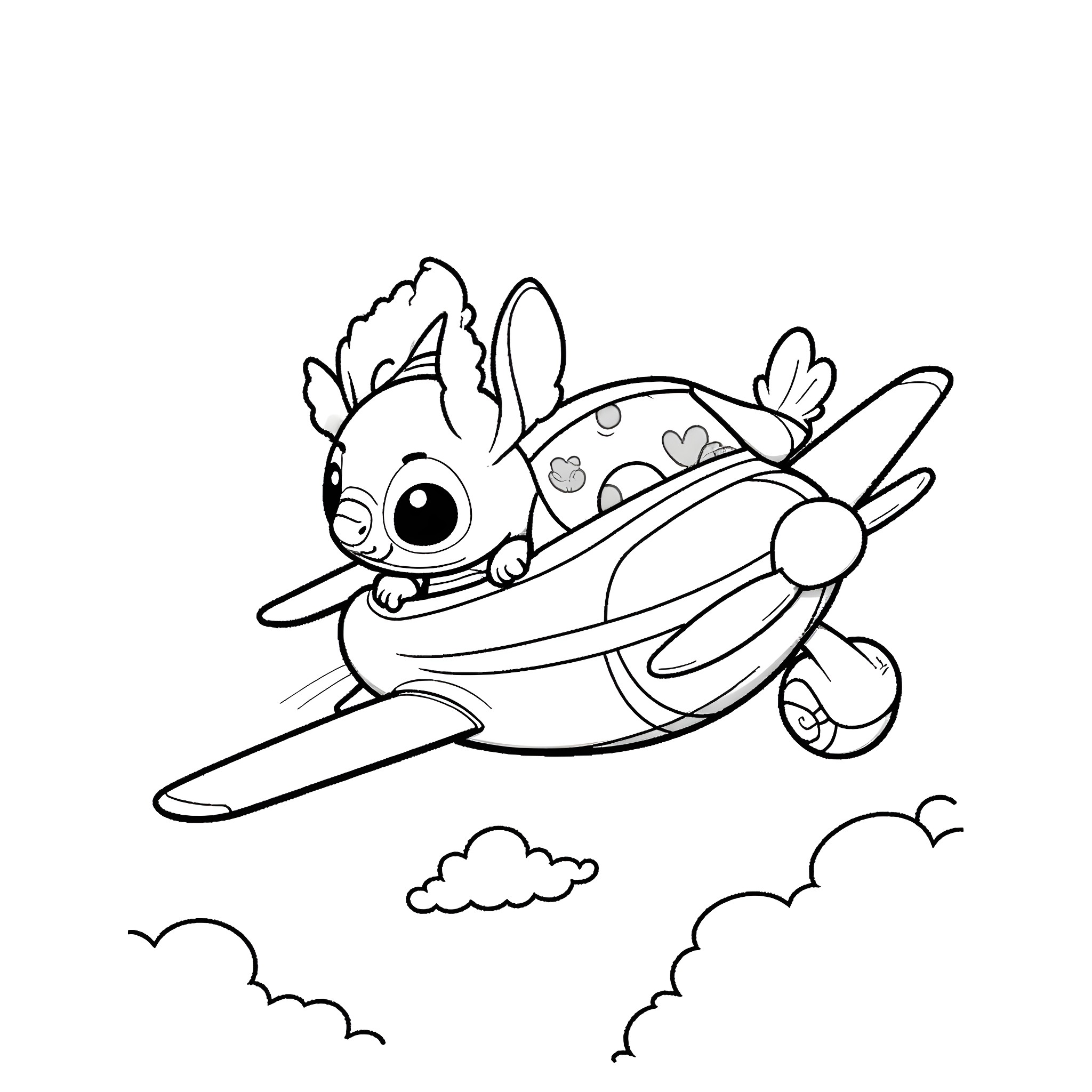 Stitch riding a colorful airplane in the sky Coloring Page (free black-and-white line drawing printable PDF for all, from beginners to advanced learners, including children, teens, adults, and seniors)