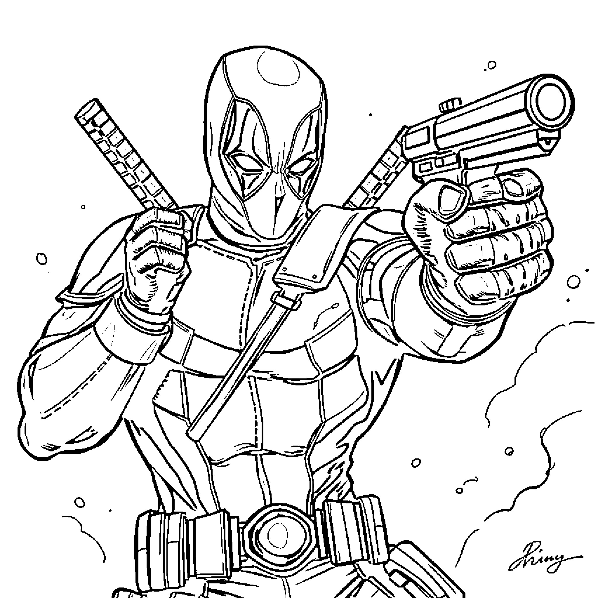 Deadpool wielding weapons in action pose Coloring Page (free black-and-white line drawing printable PDF for all, from beginners to advanced learners, including children, teens, adults, and seniors)