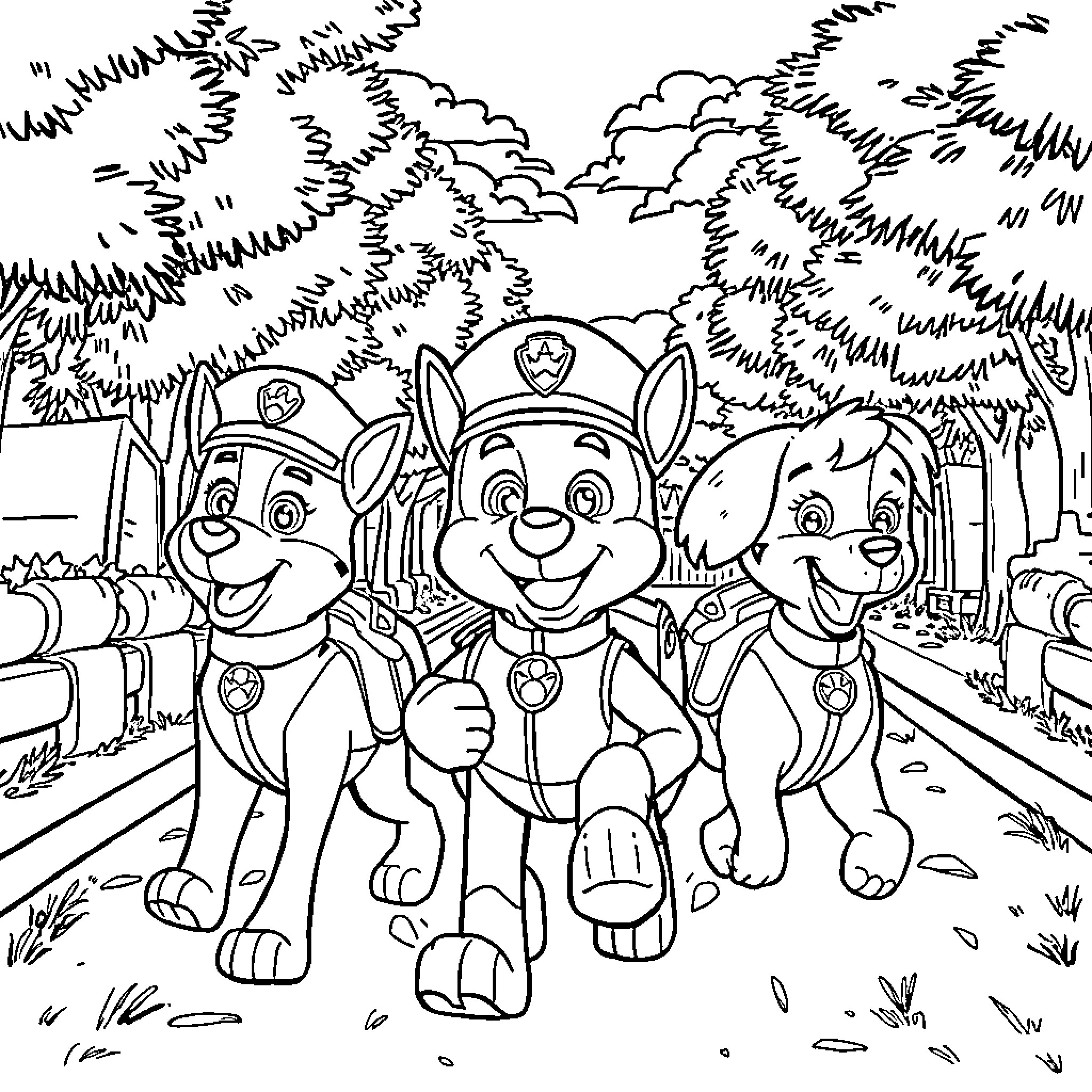 Marcus and the Paw Patrol Pups' Adventure Coloring Page (free black-and-white line drawing printable PDF for all, from beginners to advanced learners, including children, teens, adults, and seniors)