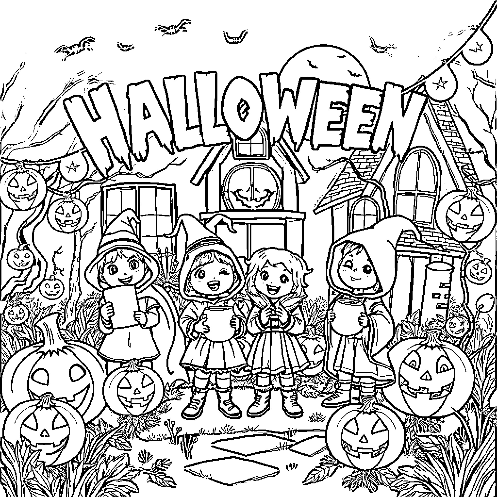 Children in Halloween costumes trick-or-treating Coloring Page (free black-and-white line drawing printable PDF for all, from beginners to advanced learners, including children, teens, adults, and seniors)