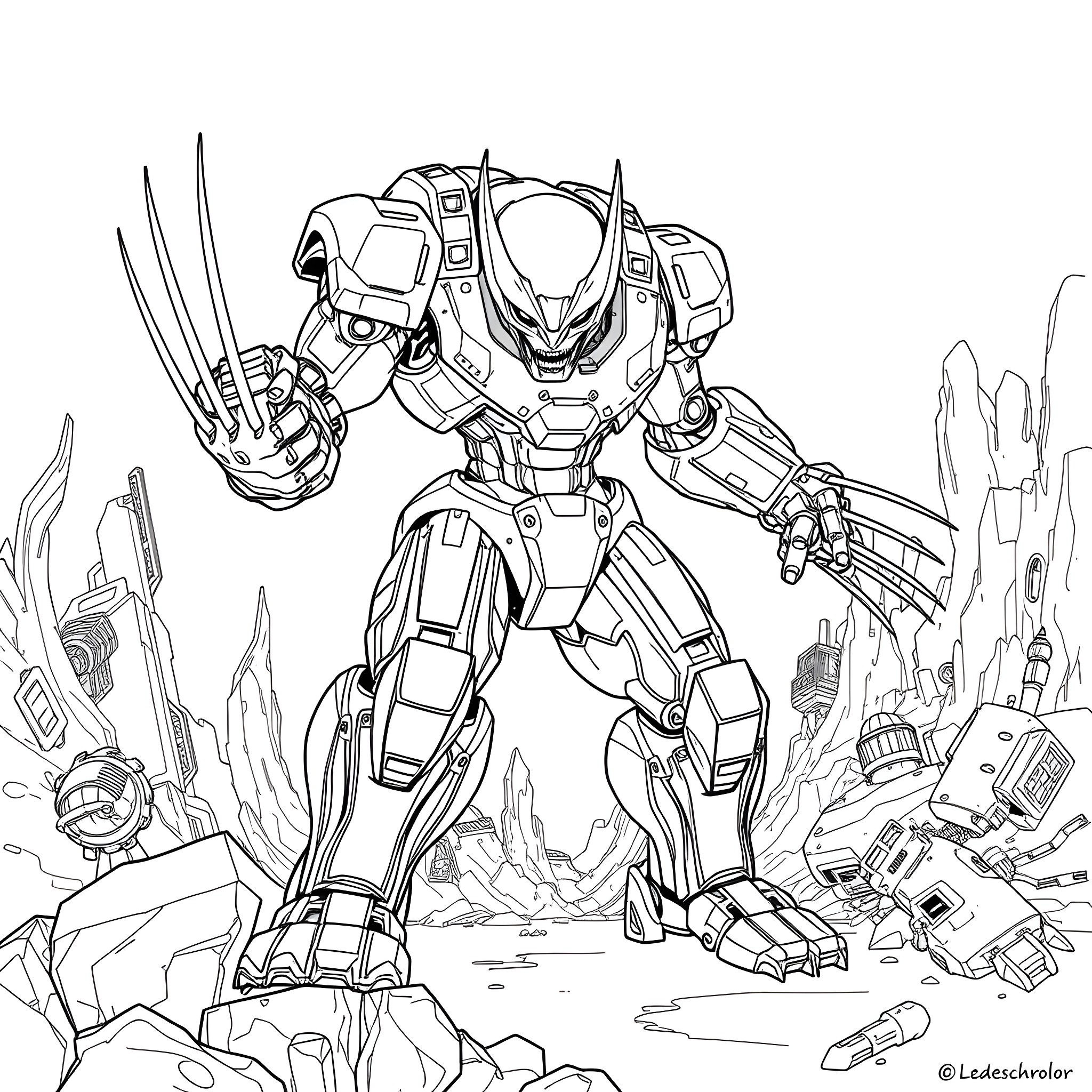 Mecha Wolverine battles in a barren, futuristic landscape Coloring Page (free black-and-white line drawing printable PDF for all, from beginners to advanced learners, including children, teens, adults, and seniors)