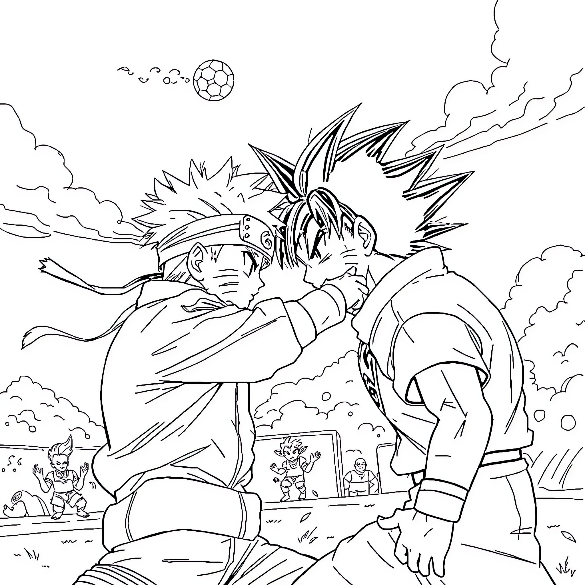 Naruto characters engaged in intense battle Coloring Page (free black-and-white line drawing printable PDF for all, from beginners to advanced learners, including children, teens, adults, and seniors)