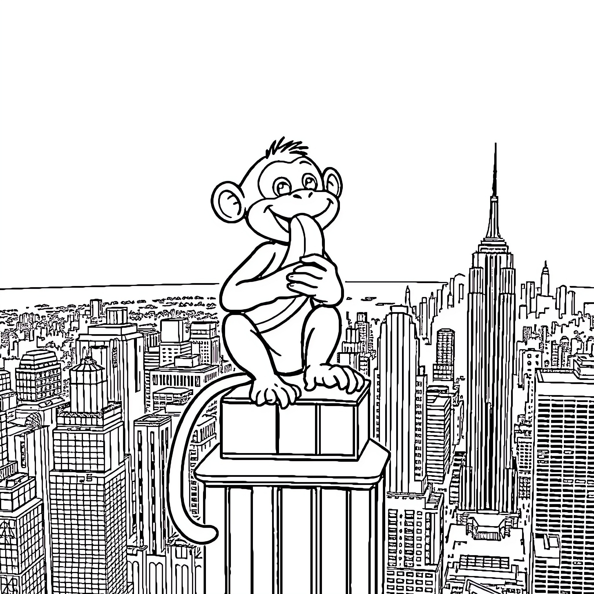 Monkey posing atop the New York City skyline Coloring Page (free black-and-white line drawing printable PDF for all, from beginners to advanced learners, including children, teens, adults, and seniors)