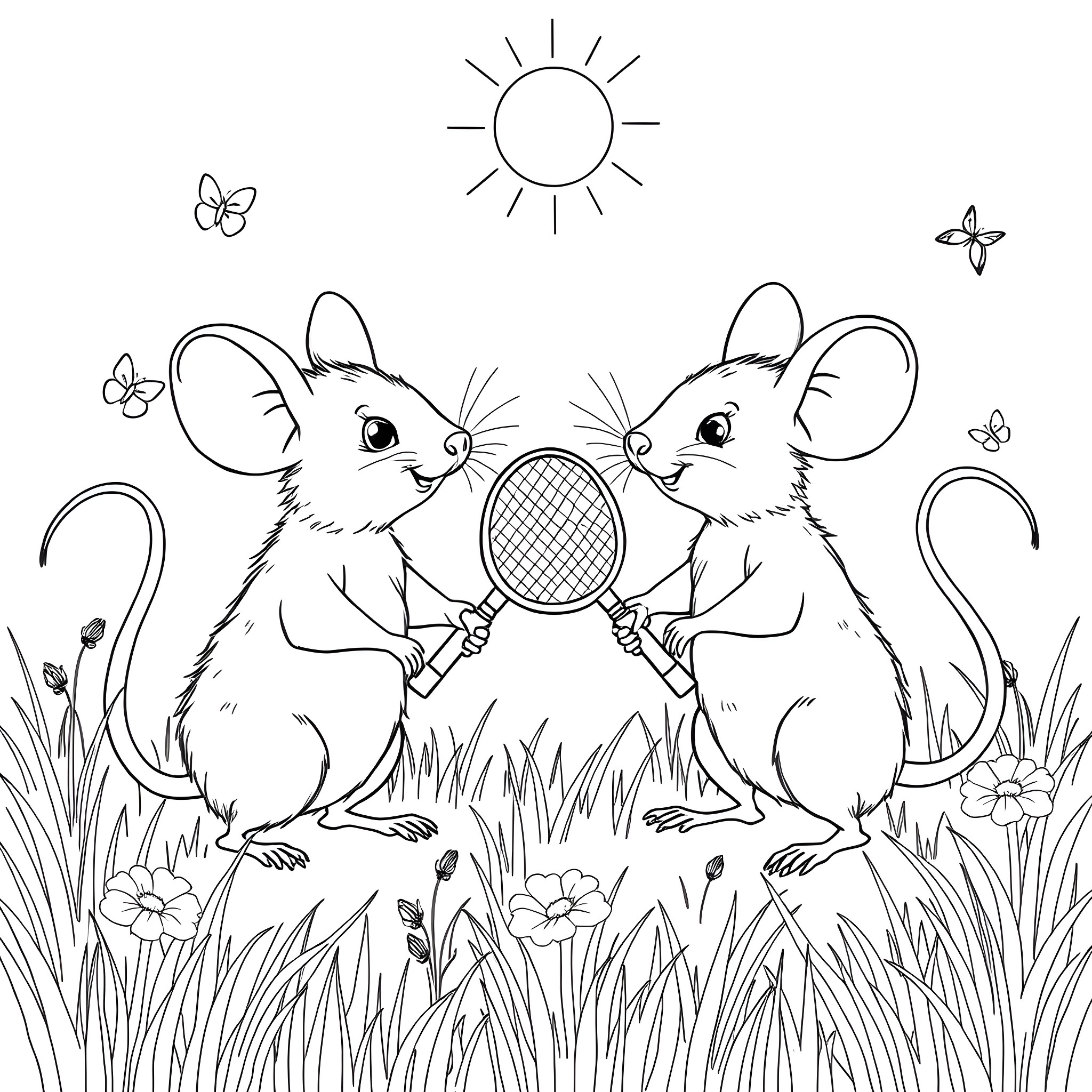 Mice playing with tennis rackets in a sunny meadow Coloring Page (free black-and-white line drawing printable PDF for all, from beginners to advanced learners, including children, teens, adults, and seniors)