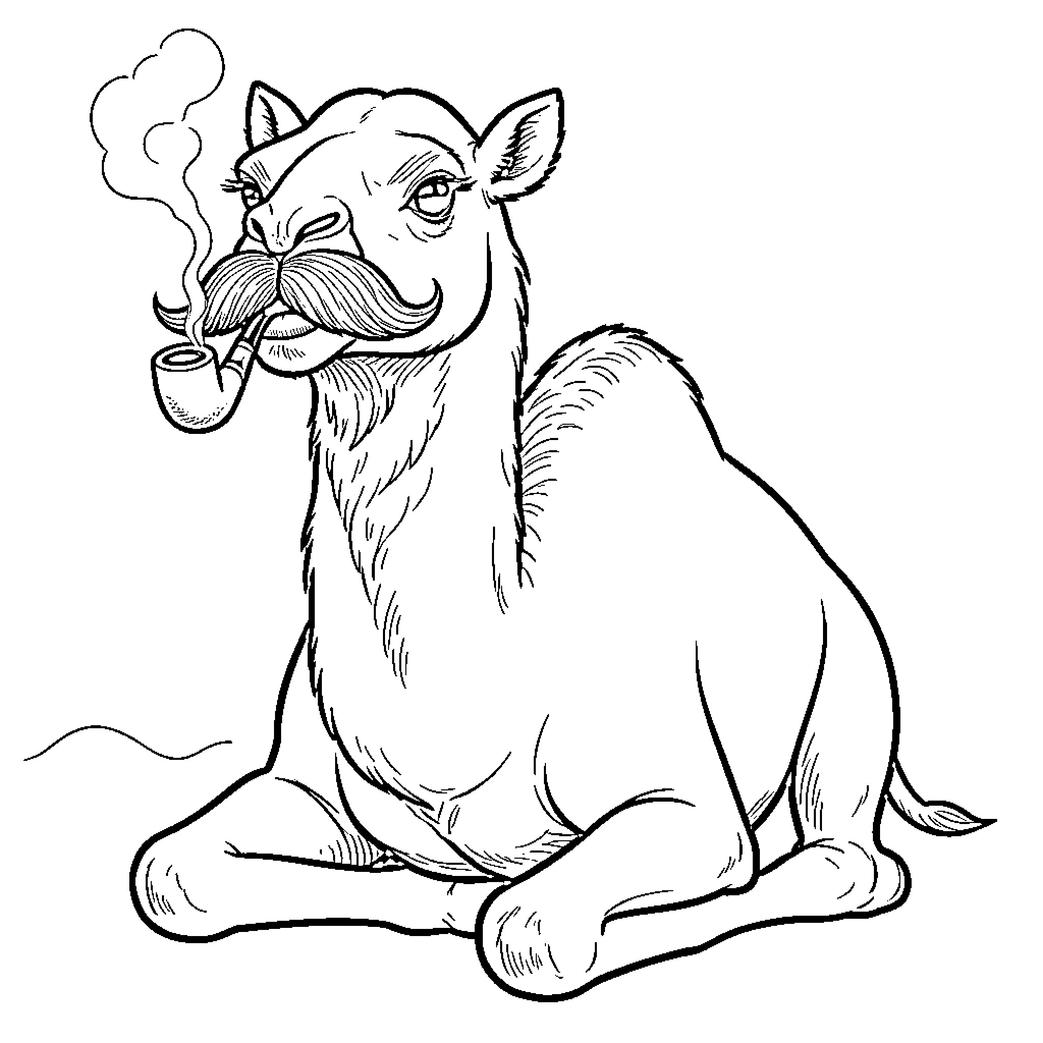 Camel with a mustache smoking a pipe Coloring Page (free black-and-white line drawing printable PDF for all, from beginners to advanced learners, including children, teens, adults, and seniors)