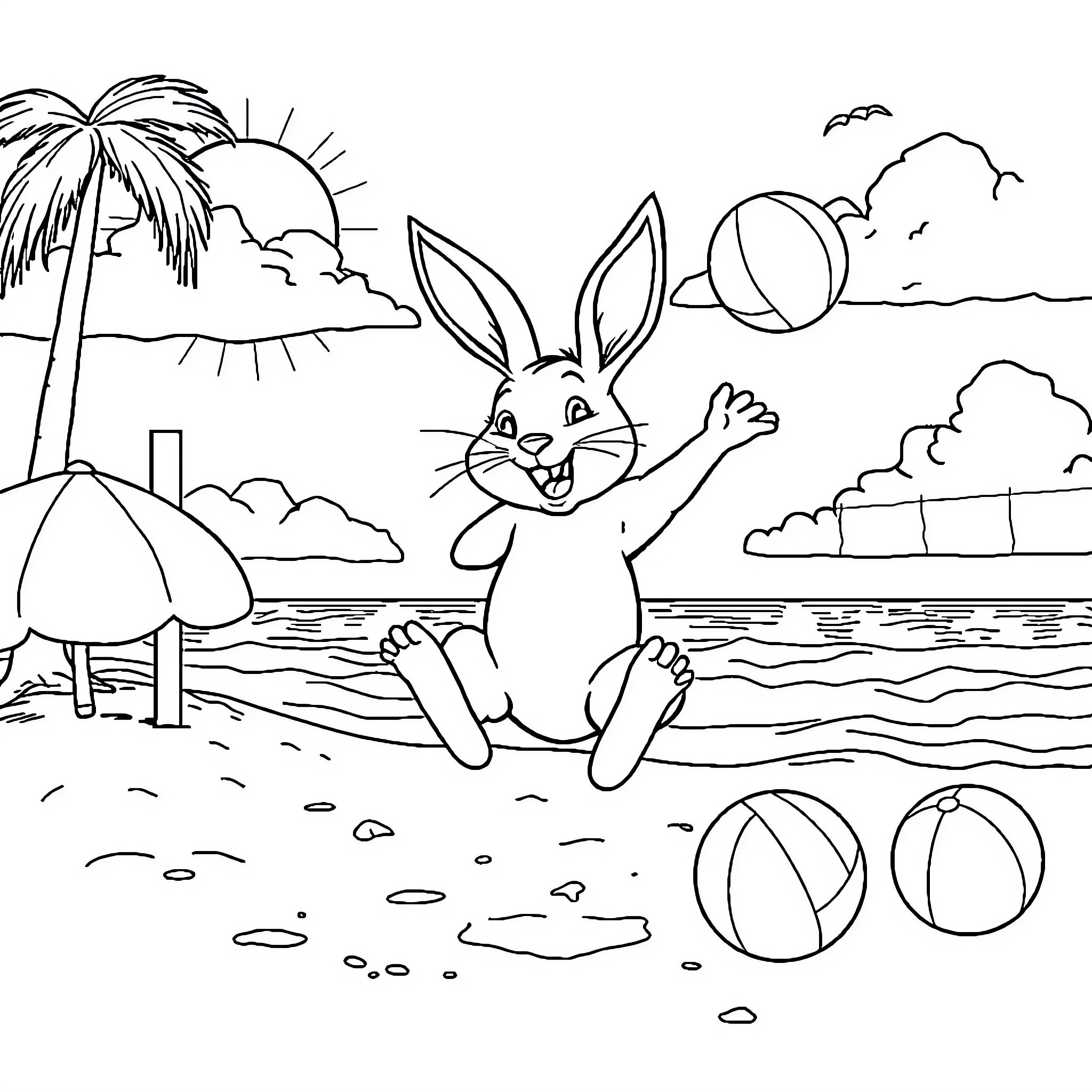 Bunny frolicking joyfully at the beach Coloring Page (free black-and-white line drawing printable PDF for all, from beginners to advanced learners, including children, teens, adults, and seniors)