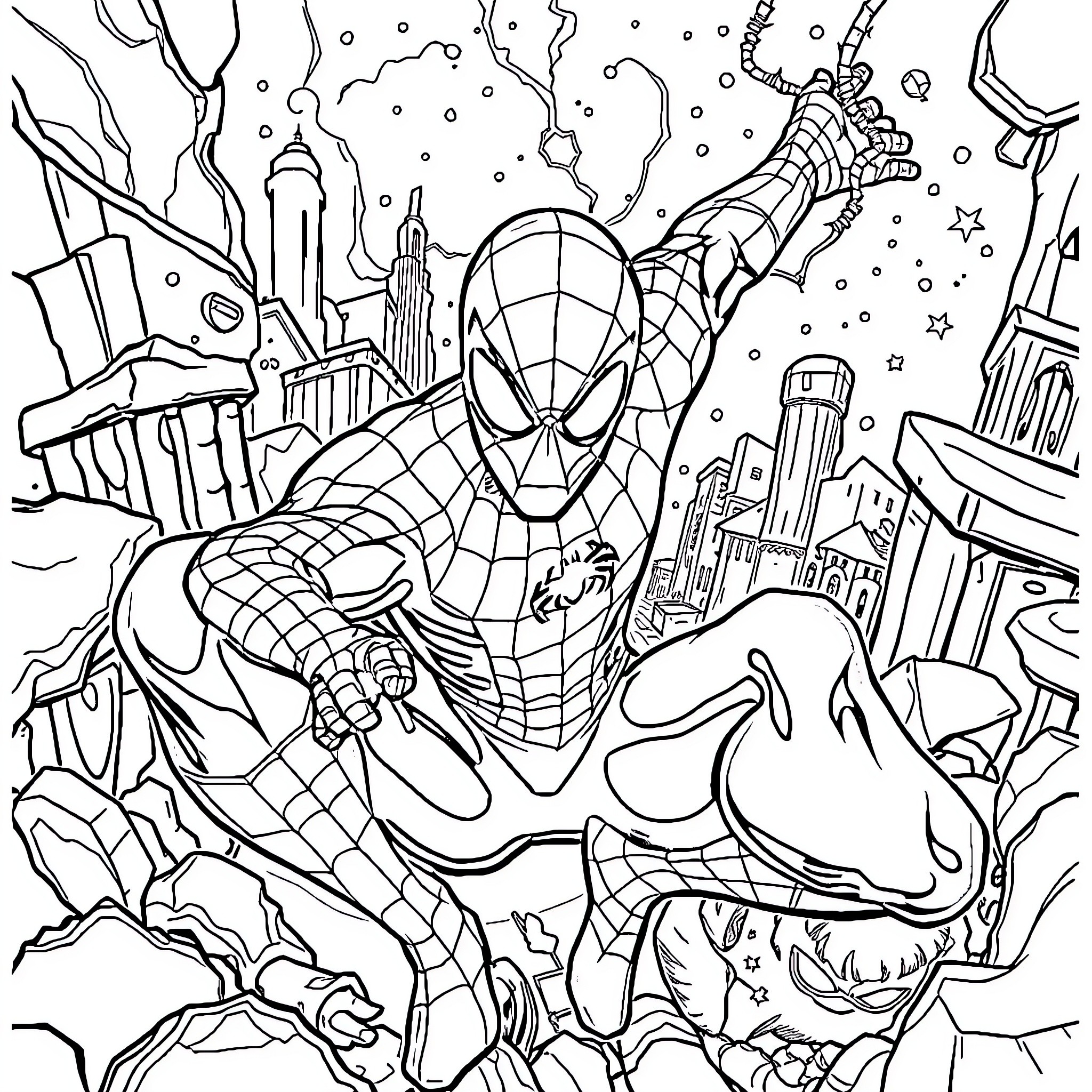 Spiderman Swinging Through the Cityscape Coloring Page (free black-and-white line drawing printable PDF for all, from beginners to advanced learners, including children, teens, adults, and seniors)