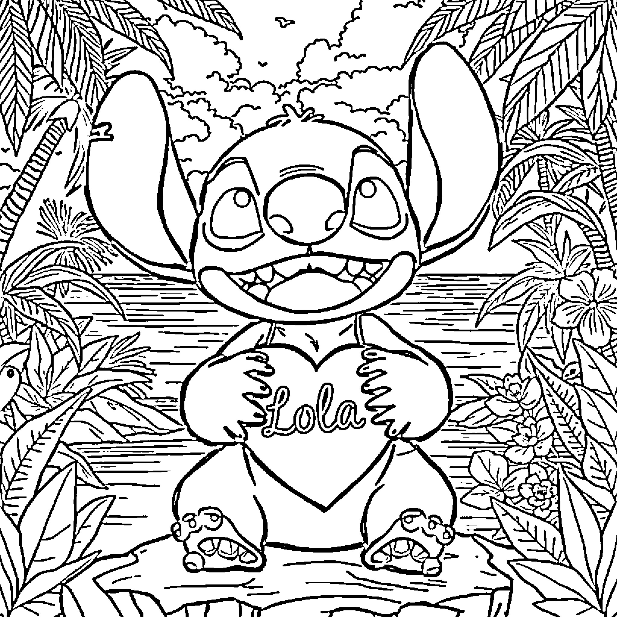 Stitch's Tropical Adventure Coloring Page (free black-and-white line drawing printable PDF for all, from beginners to advanced learners, including children, teens, adults, and seniors)