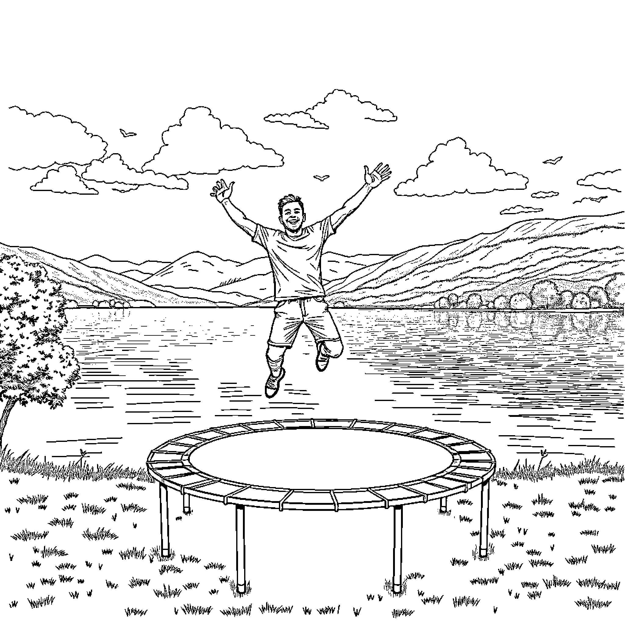 Skateboard enthusiast jumping high on trampoline overlooking scenic landscape Coloring Page (free black-and-white line drawing printable PDF for all, from beginners to advanced learners, including children, teens, adults, and seniors)