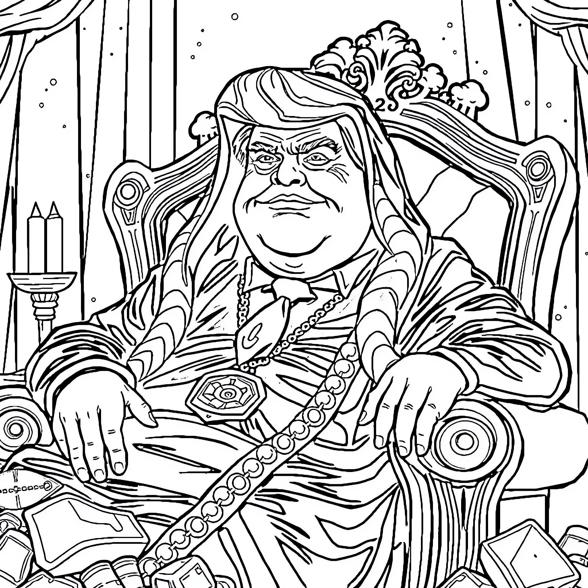 Donald Trump seated on a throne, adorned in regal attire Coloring Page (free black-and-white line drawing printable PDF for all, from beginners to advanced learners, including children, teens, adults, and seniors)