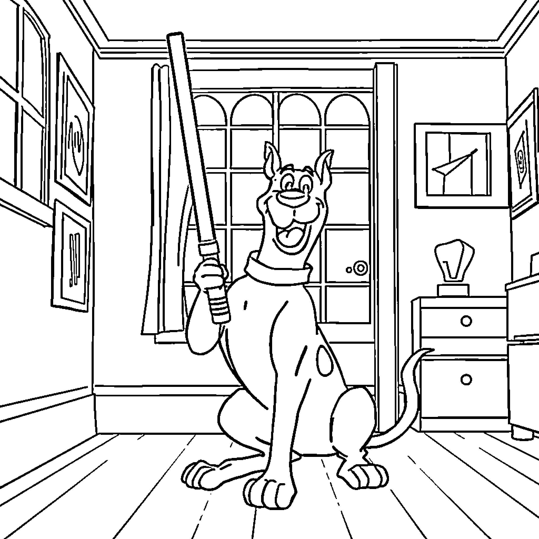Scooby Doo having fun in the living room Coloring Page (free black-and-white line drawing printable PDF for all, from beginners to advanced learners, including children, teens, adults, and seniors)