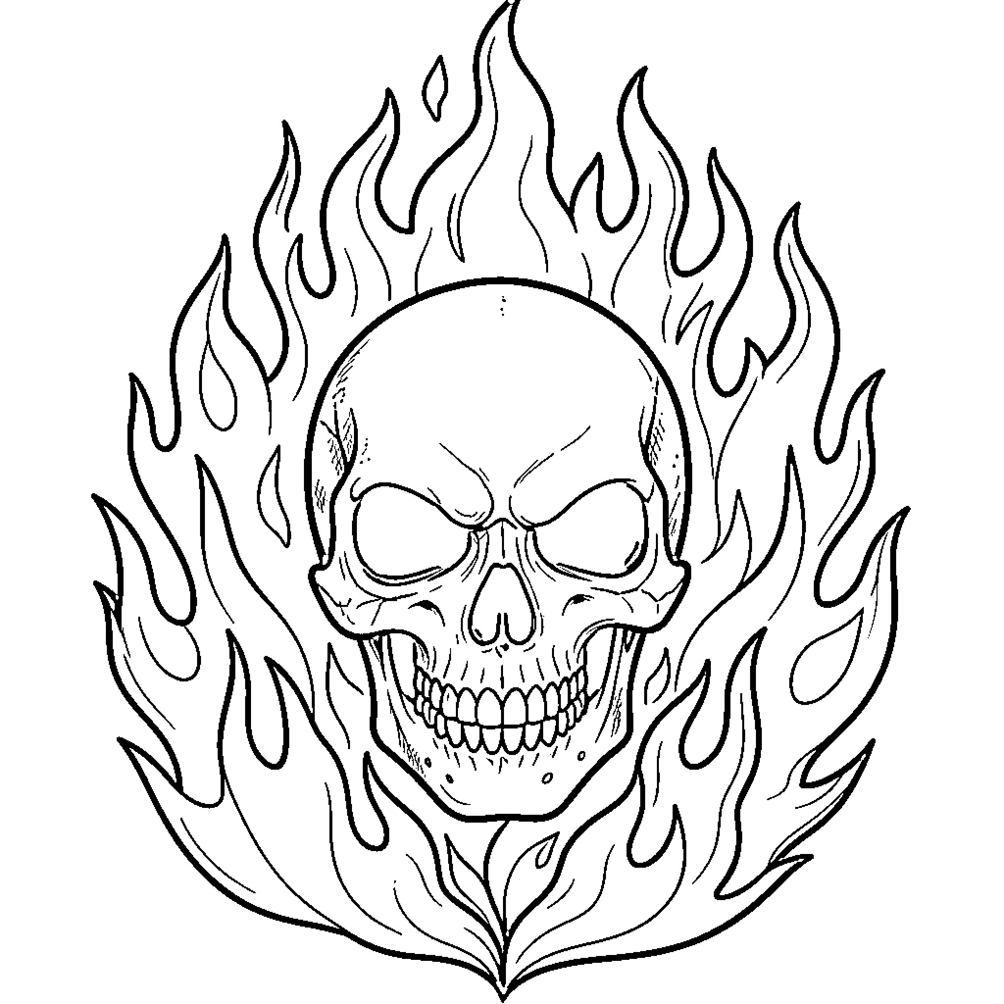 Skull in Fiery Flames Coloring Page (free black-and-white line drawing printable PDF for all, from beginners to advanced learners, including children, teens, adults, and seniors)