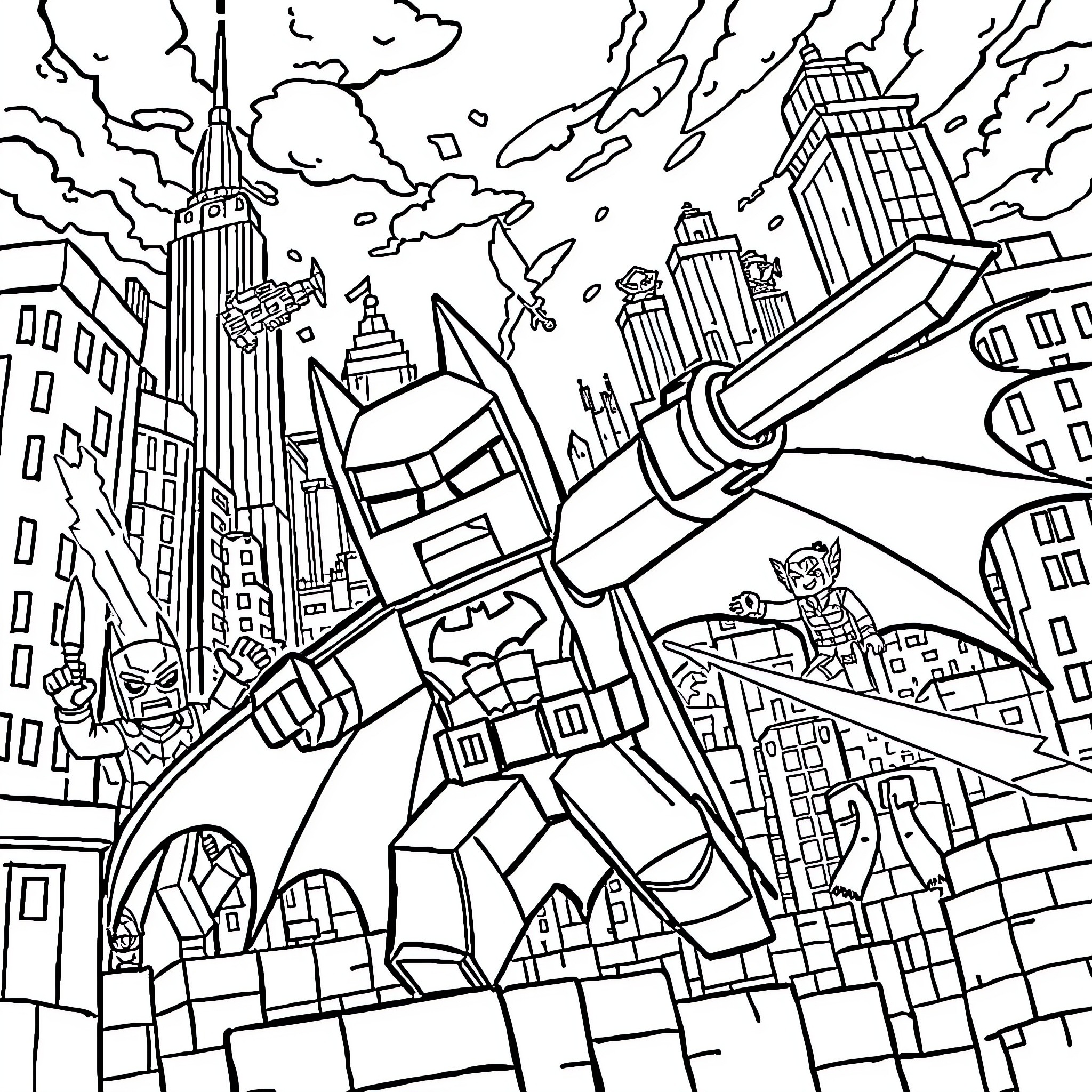 Batman battling villains in the city skyline Coloring Page (free black-and-white line drawing printable PDF for all, from beginners to advanced learners, including children, teens, adults, and seniors)