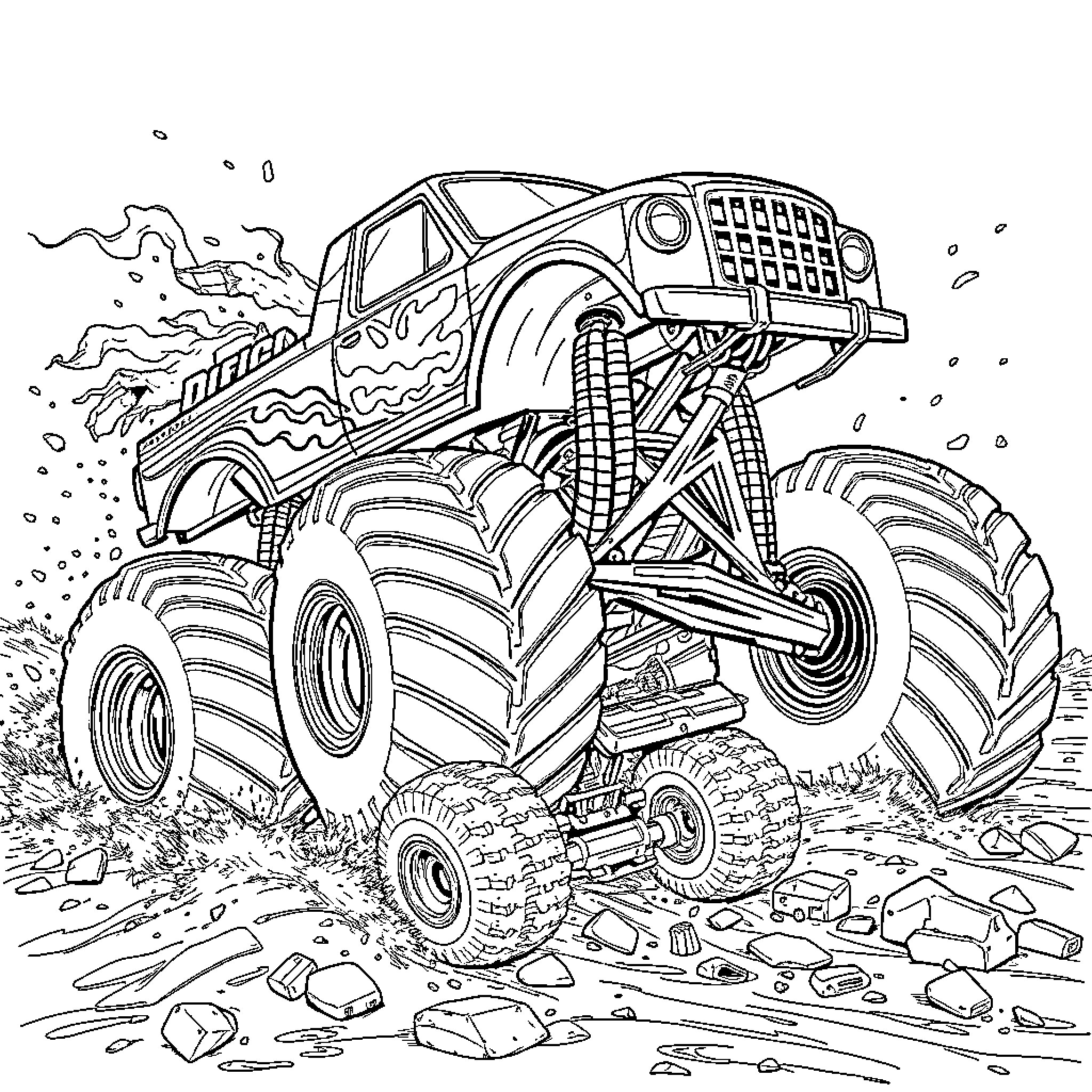 Monster Truck Crushing Rocks and Debris on the Rough Terrain Coloring Page (free black-and-white line drawing printable PDF for all, from beginners to advanced learners, including children, teens, adults, and seniors)