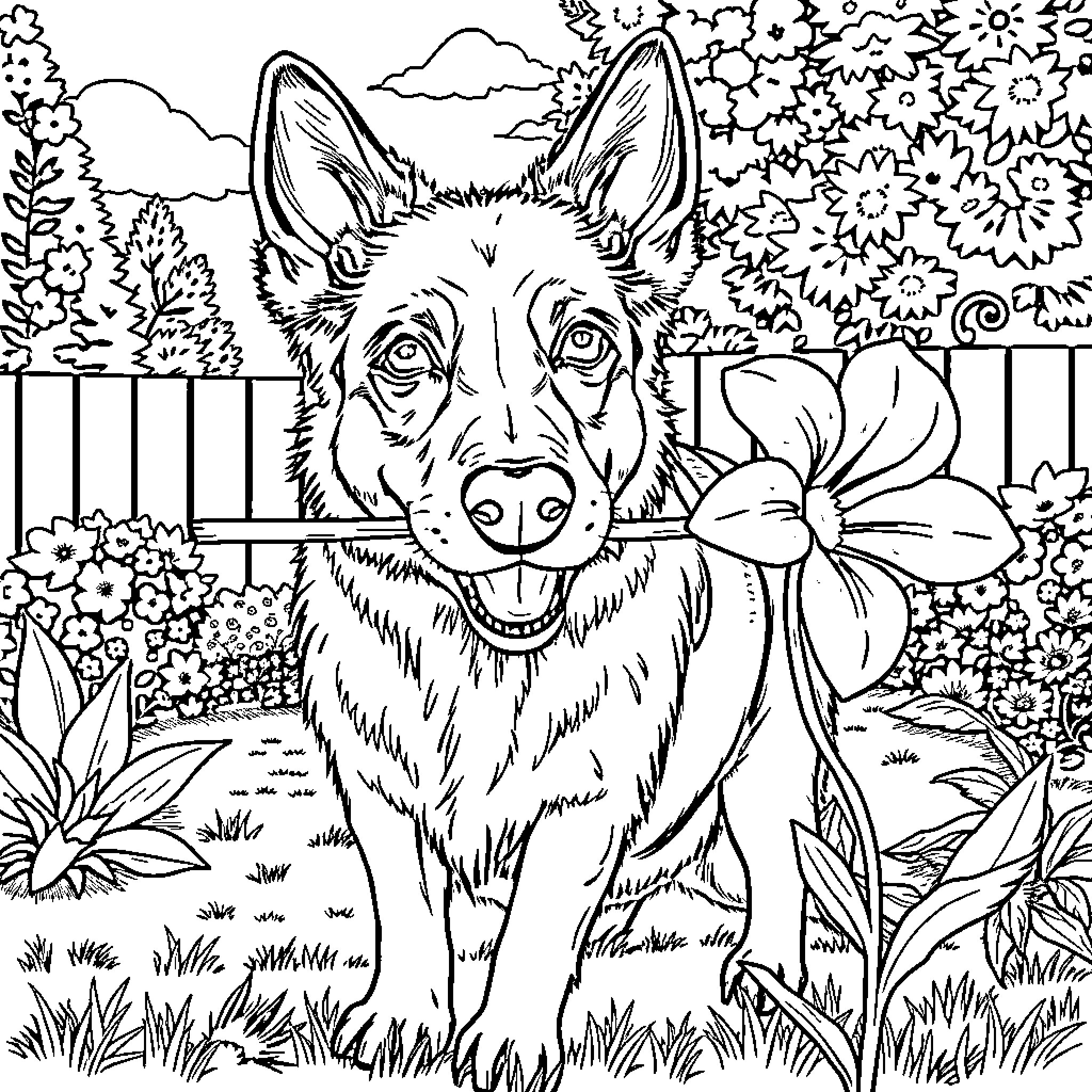 Cattle Dog in a Lush Garden Coloring Page (free black-and-white line drawing printable PDF for all, from beginners to advanced learners, including children, teens, adults, and seniors)
