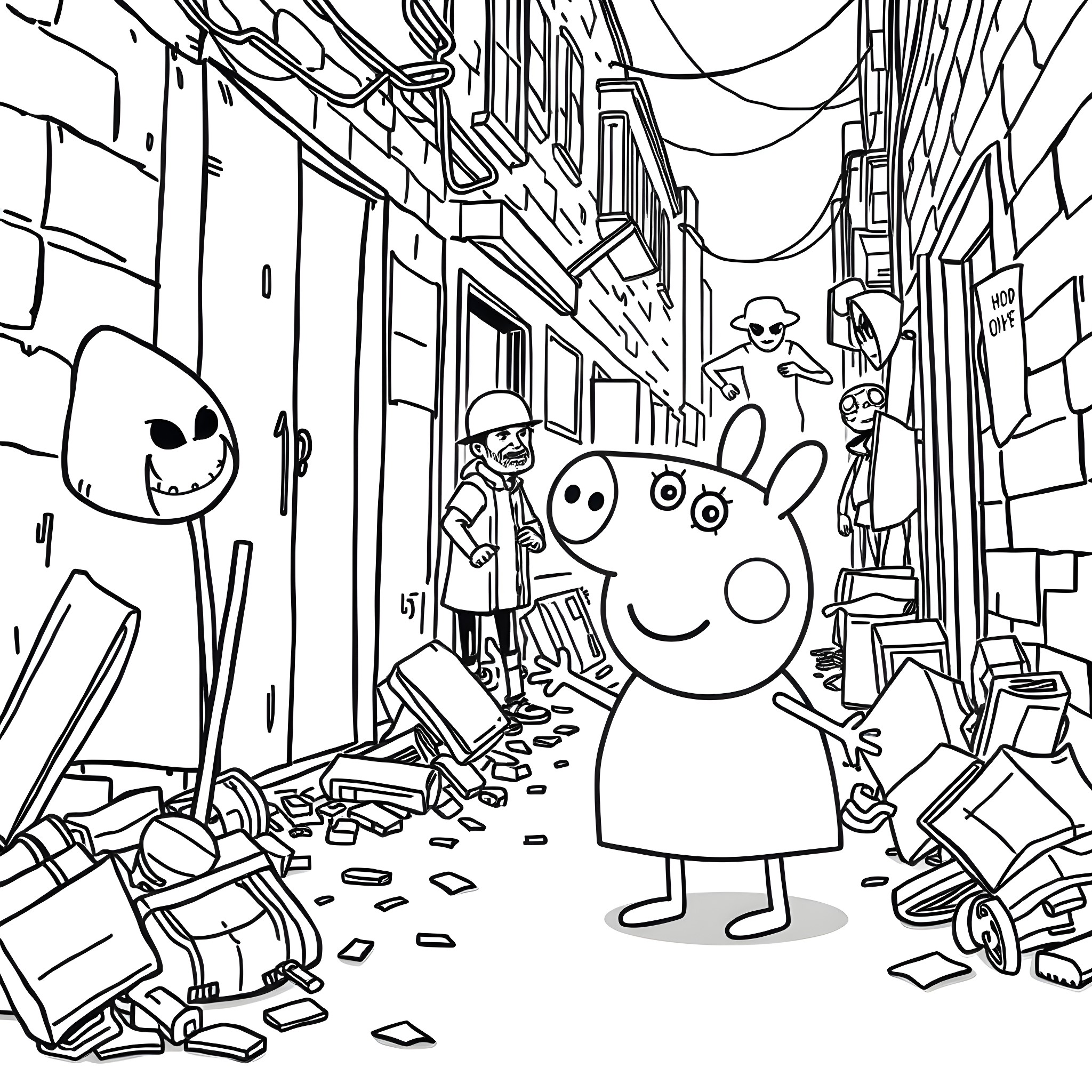 Peppa Pig exploring a messy and cluttered urban alley Coloring Page (free black-and-white line drawing printable PDF for all, from beginners to advanced learners, including children, teens, adults, and seniors)