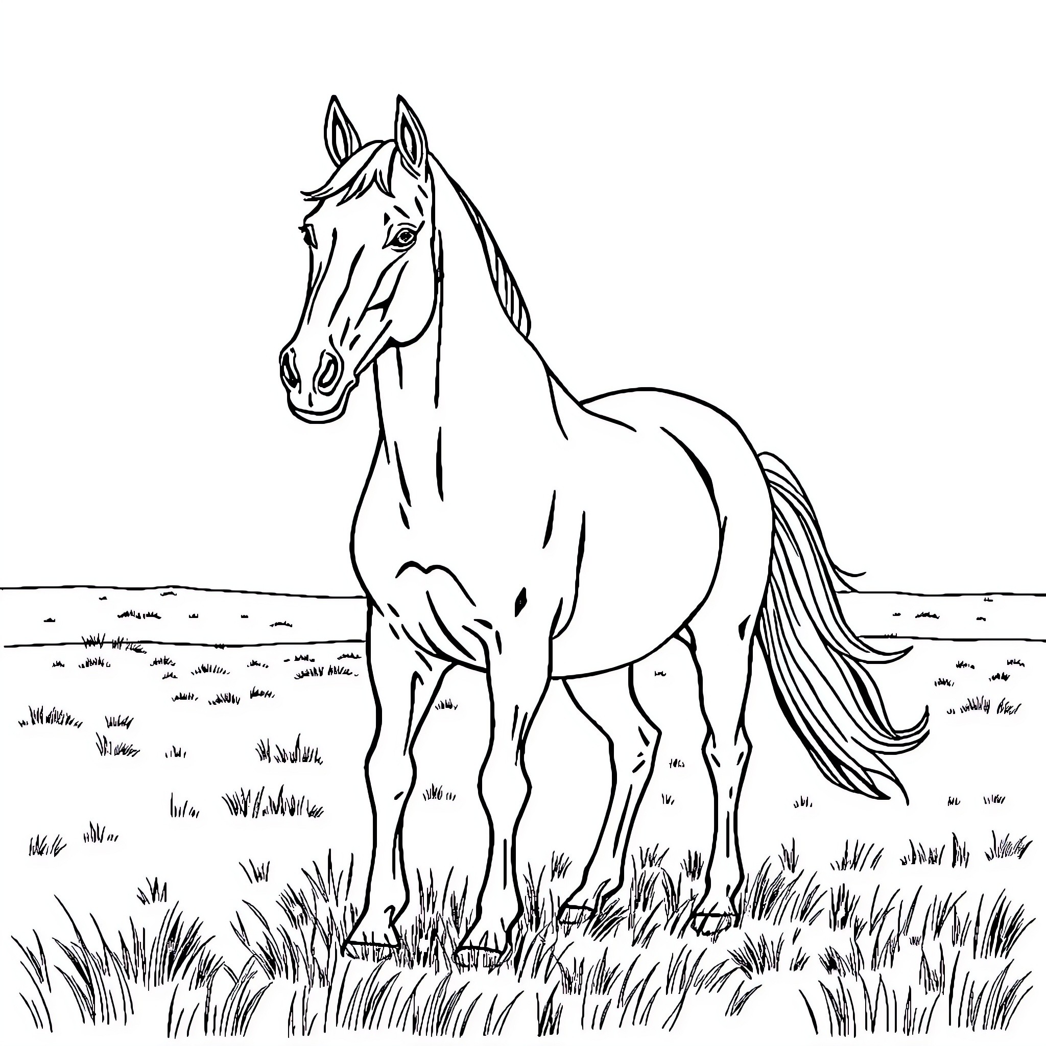 Horse standing proudly in natural landscape Coloring Page (free black-and-white line drawing printable PDF for all, from beginners to advanced learners, including children, teens, adults, and seniors)
