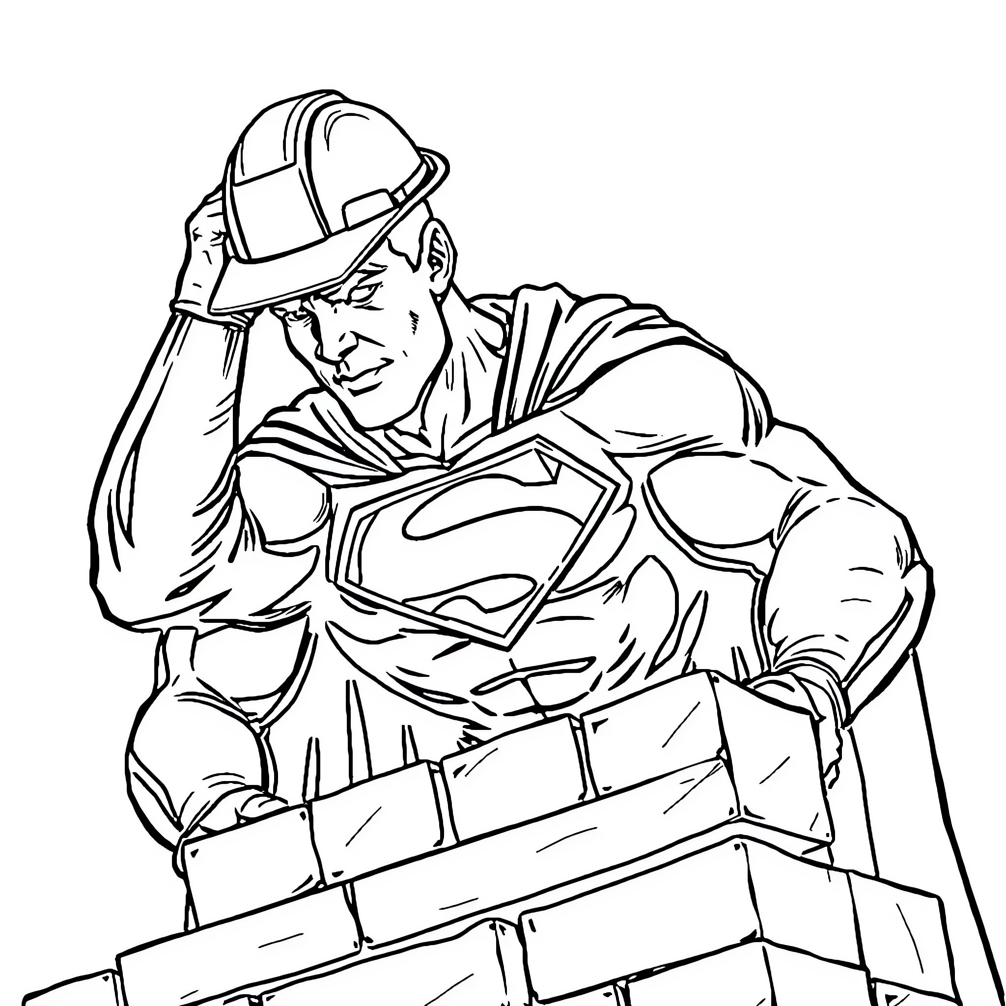 Superman Building Construction Worker Coloring Page (free black-and-white line drawing printable PDF for all, from beginners to advanced learners, including children, teens, adults, and seniors)