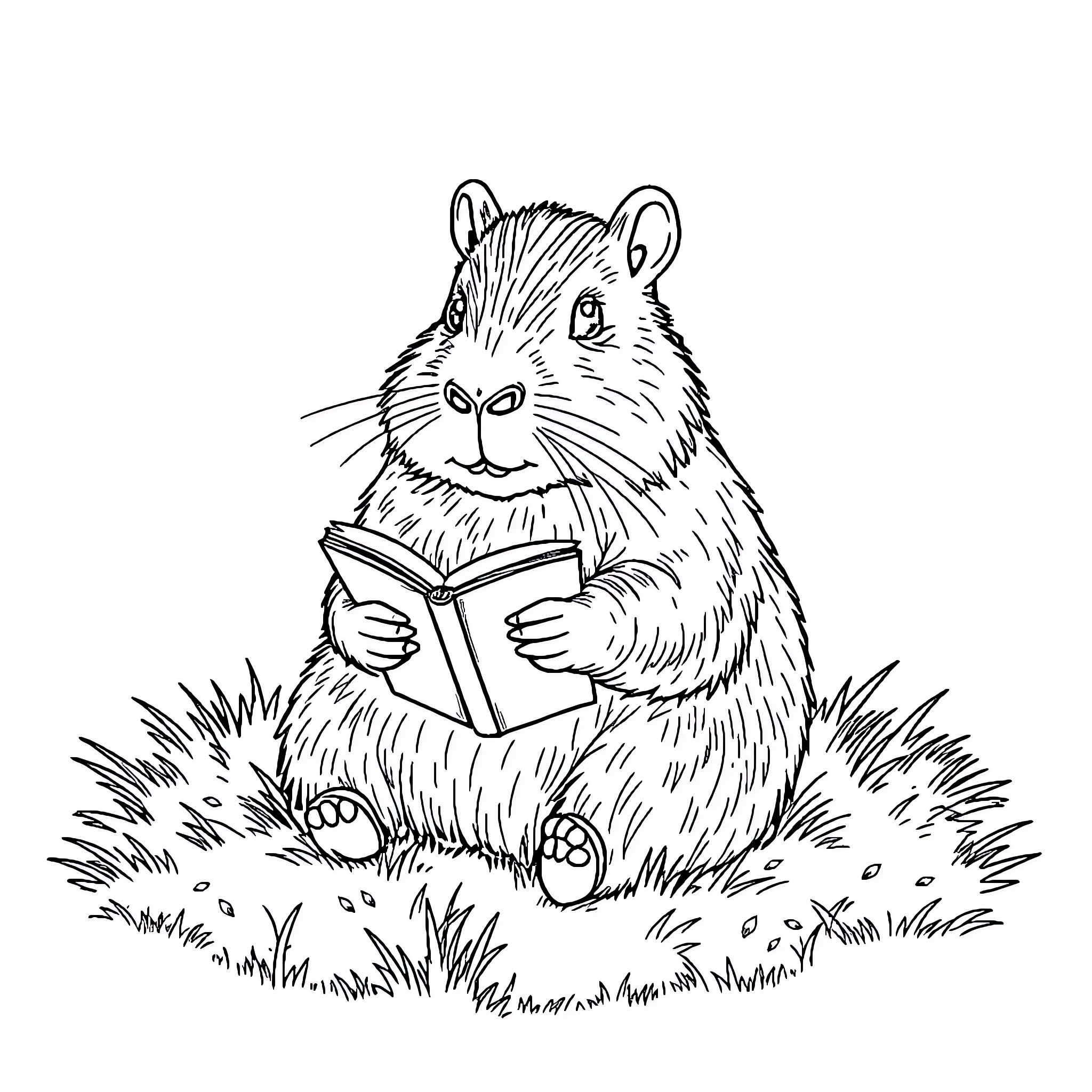 Capybara reading a book in the grass Coloring Page (free black-and-white line drawing printable PDF for all, from beginners to advanced learners, including children, teens, adults, and seniors)