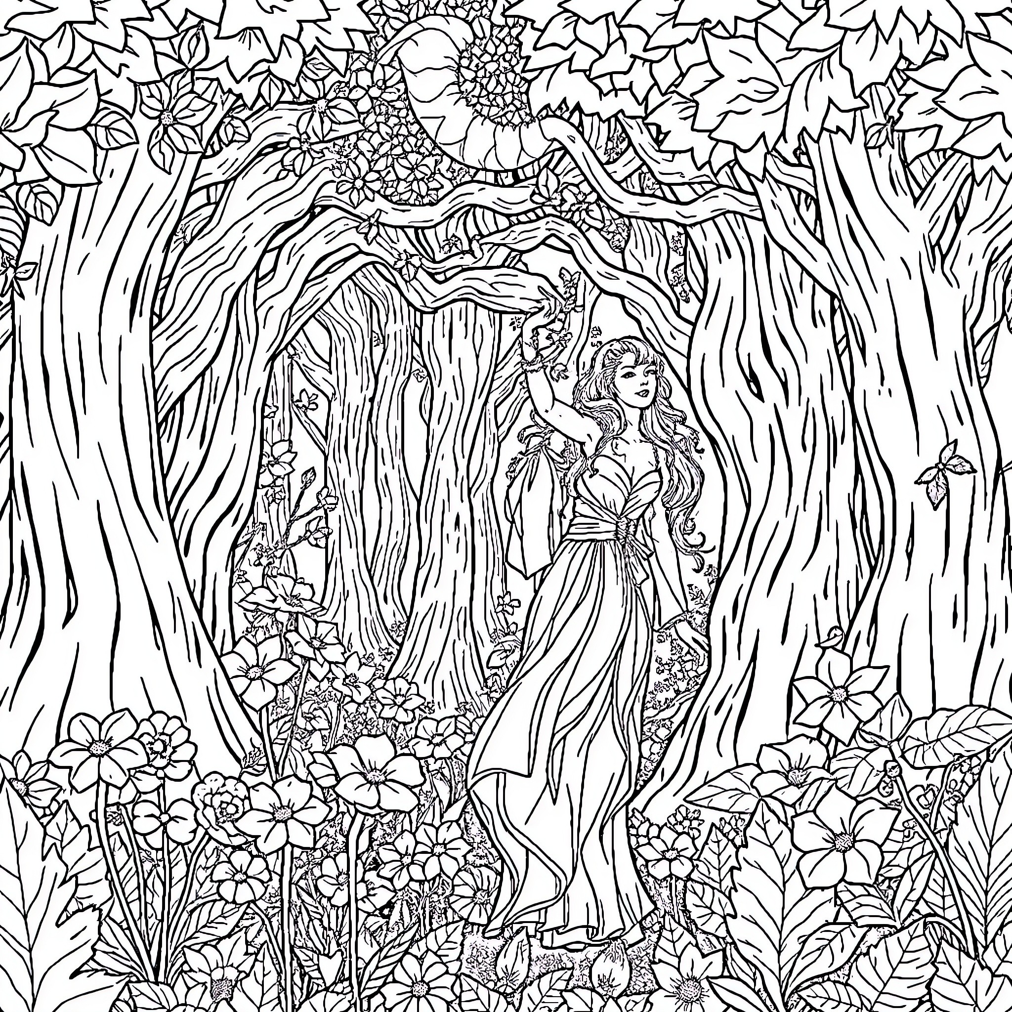 Woman standing in lush, floral garden Coloring Page (free black-and-white line drawing printable PDF for all, from beginners to advanced learners, including children, teens, adults, and seniors)
