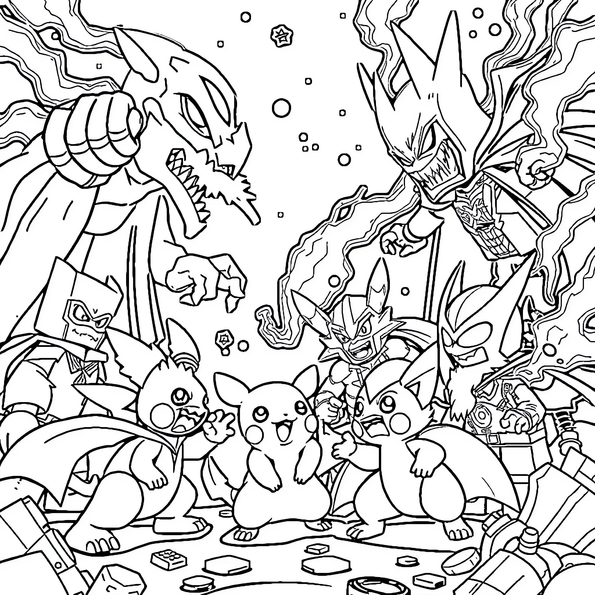 Pokémon: Fierce Battles and Friendly Encounters Coloring Page (free black-and-white line drawing printable PDF for all, from beginners to advanced learners, including children, teens, adults, and seniors)