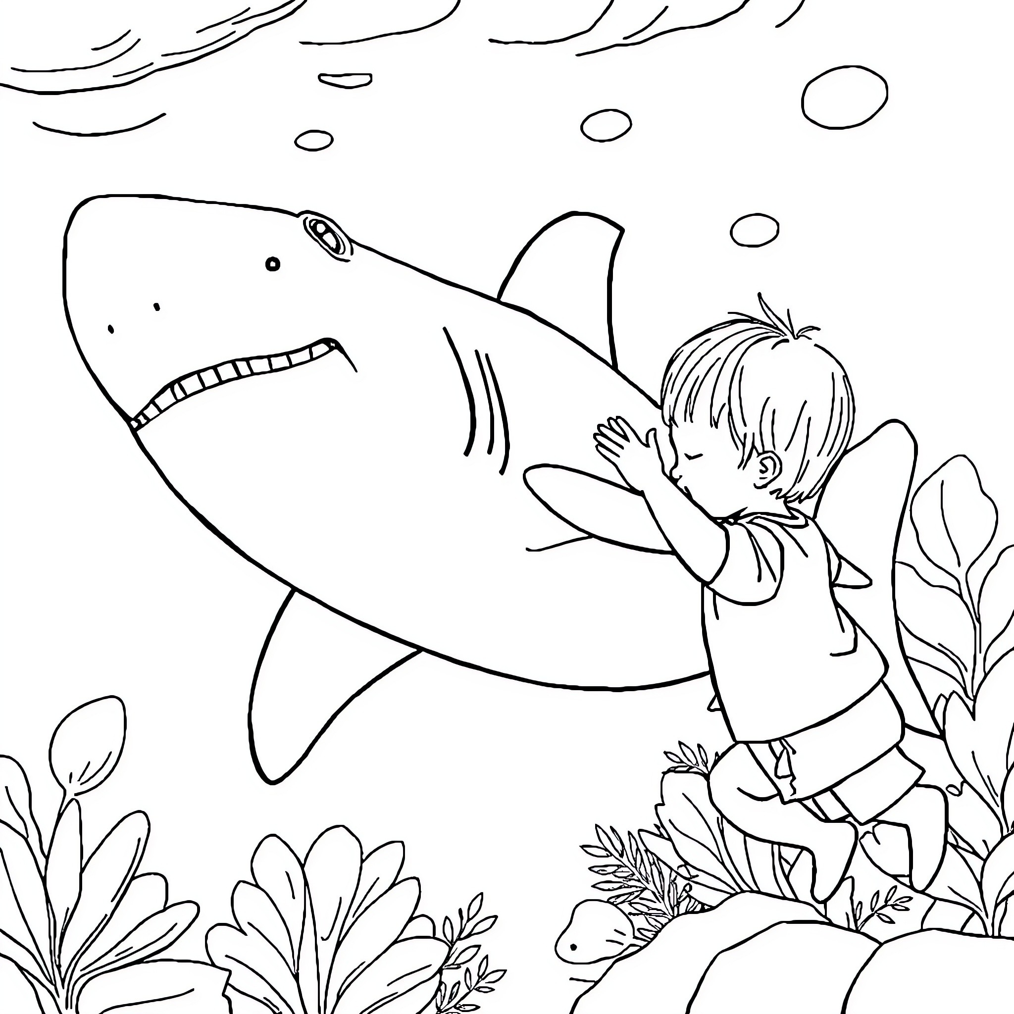 Shark and child exploring underwater nature Coloring Page (free black-and-white line drawing printable PDF for all, from beginners to advanced learners, including children, teens, adults, and seniors)