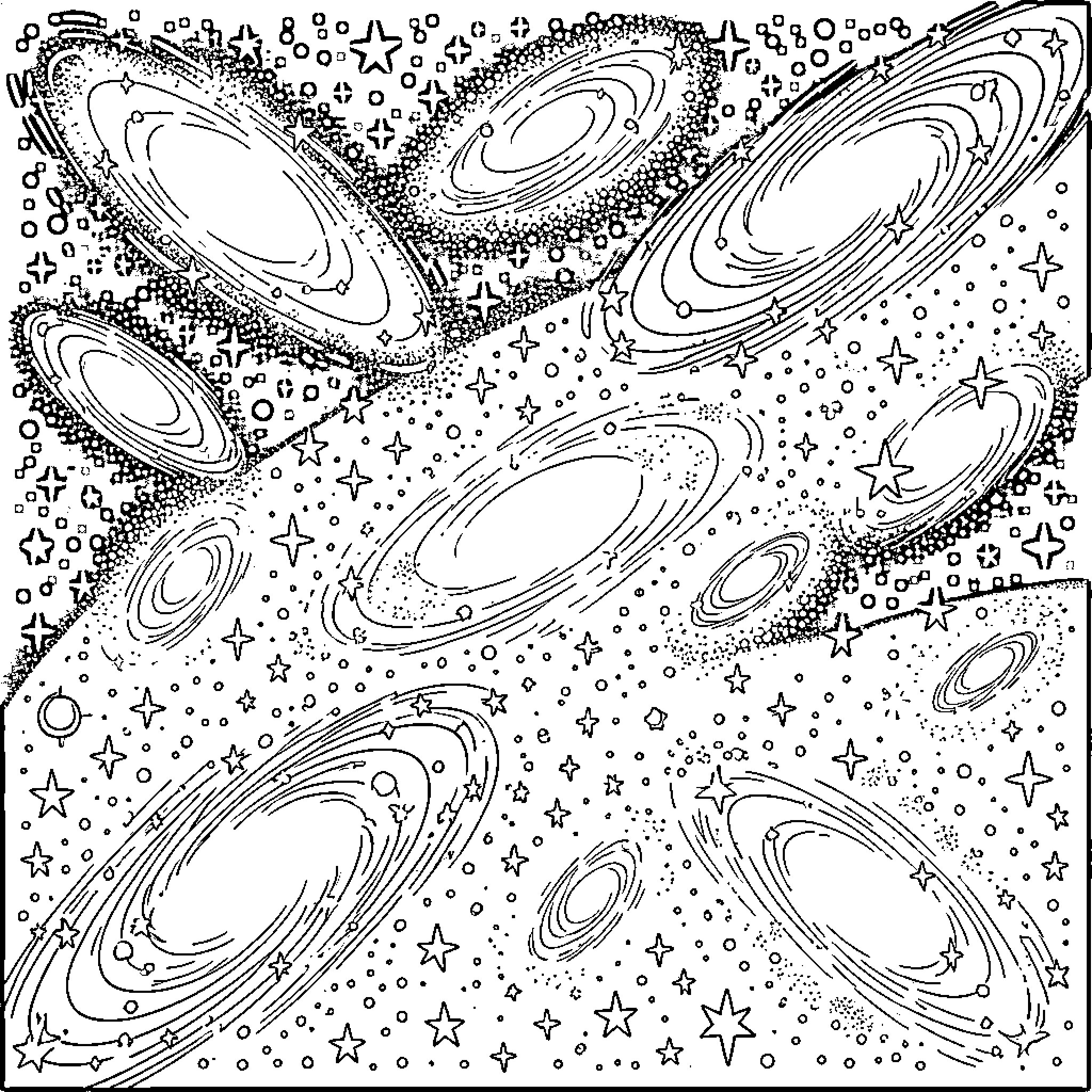 Space Galaxies and Stars Swirling in the Cosmos Coloring Page (free black-and-white line drawing printable PDF for all, from beginners to advanced learners, including children, teens, adults, and seniors)