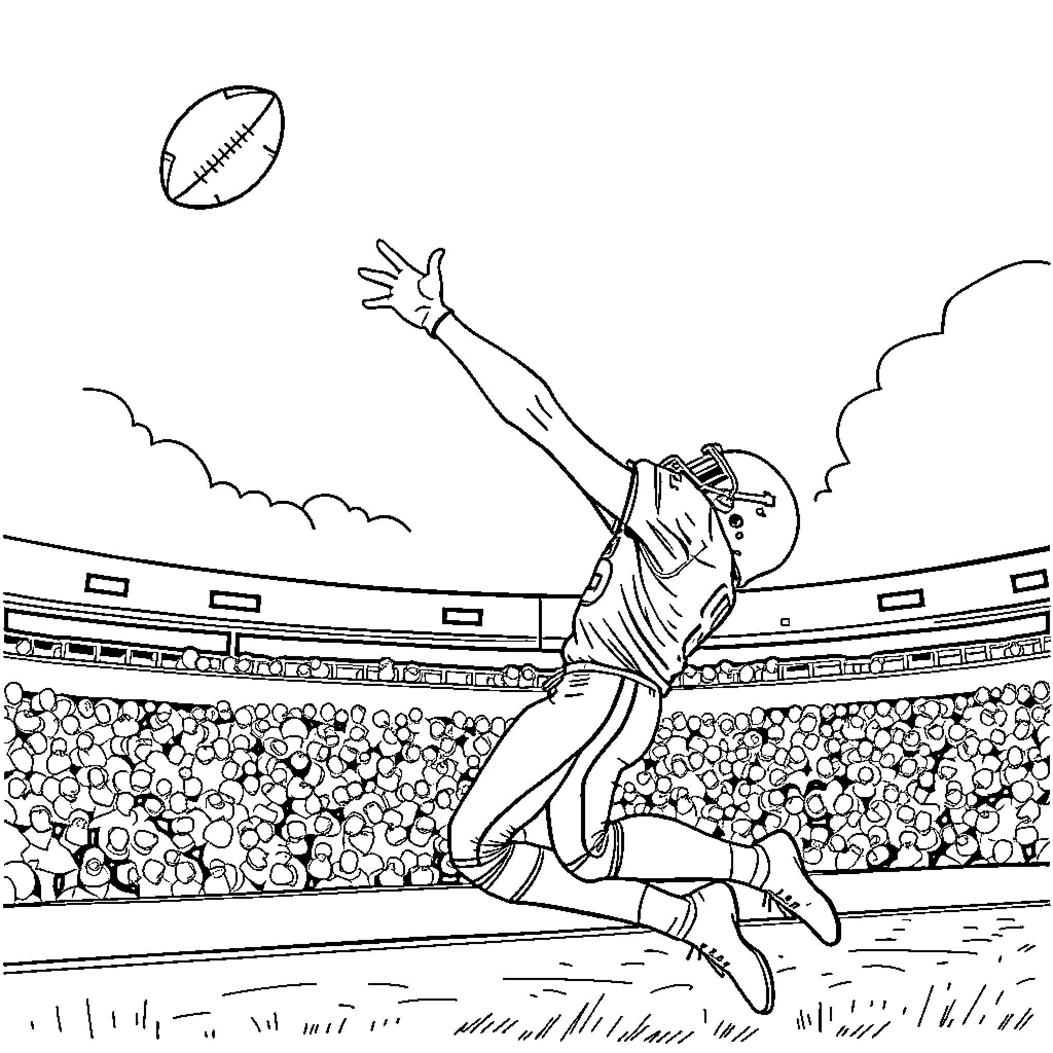 Football player jumping to catch the ball in stadium Coloring Page (free black-and-white line drawing printable PDF for all, from beginners to advanced learners, including children, teens, adults, and seniors)