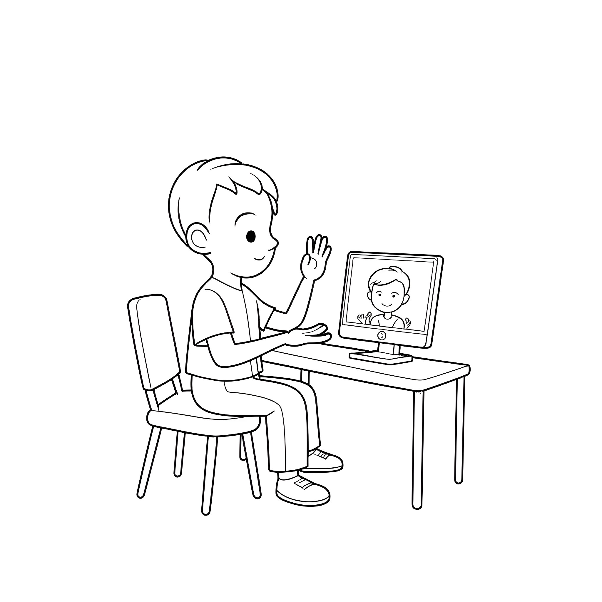 Inmate using computer for video call Coloring Page (free black-and-white line drawing printable PDF for all, from beginners to advanced learners, including children, teens, adults, and seniors)
