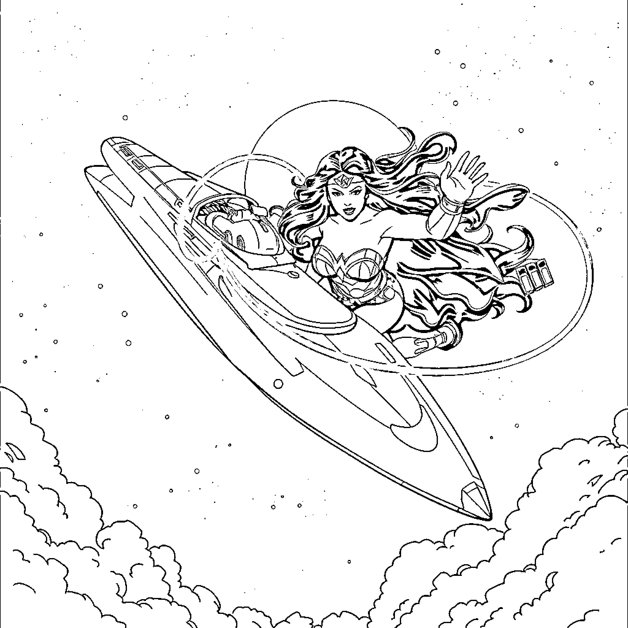 Wonder Woman soaring through the cosmos in her invisible jet Coloring Page (free black-and-white line drawing printable PDF for all, from beginners to advanced learners, including children, teens, adults, and seniors)