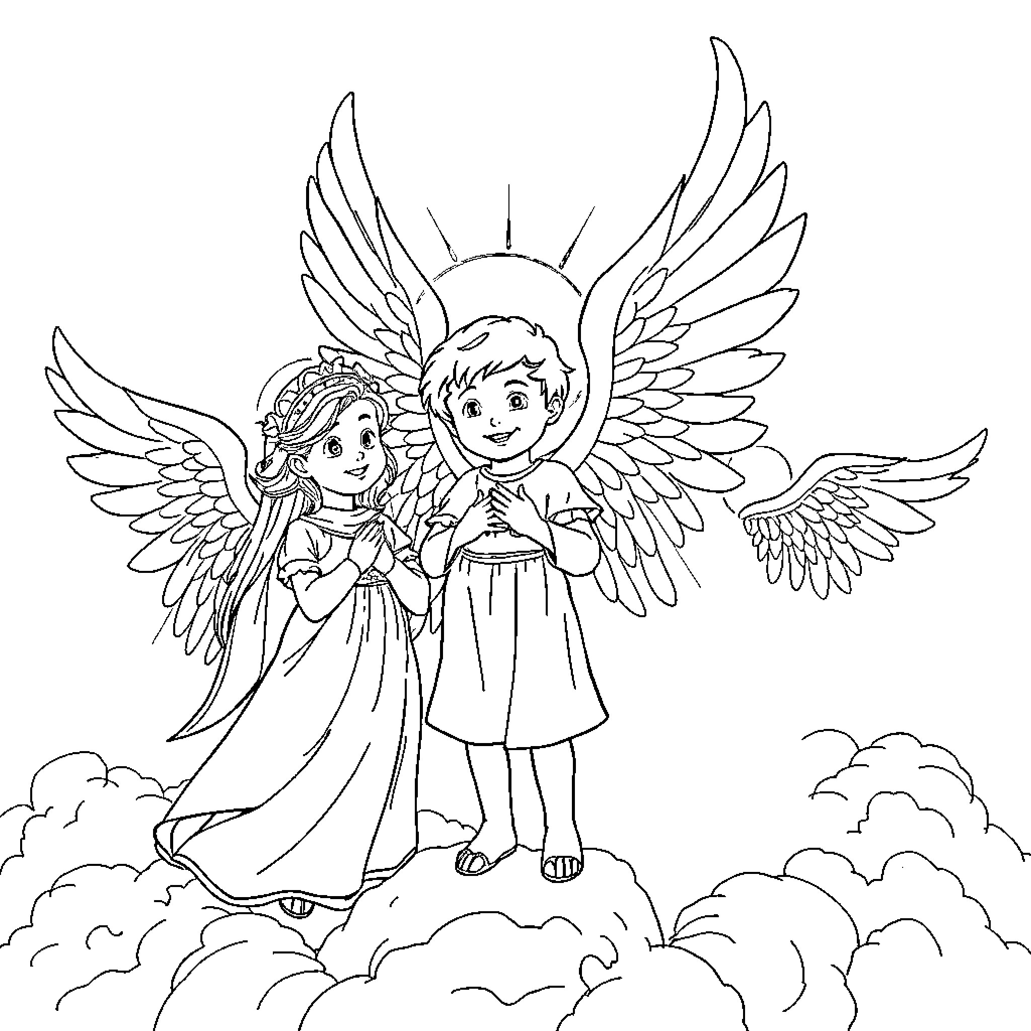Seraphim Angels in Heavenly Embrace Coloring Page (free black-and-white line drawing printable PDF for all, from beginners to advanced learners, including children, teens, adults, and seniors)