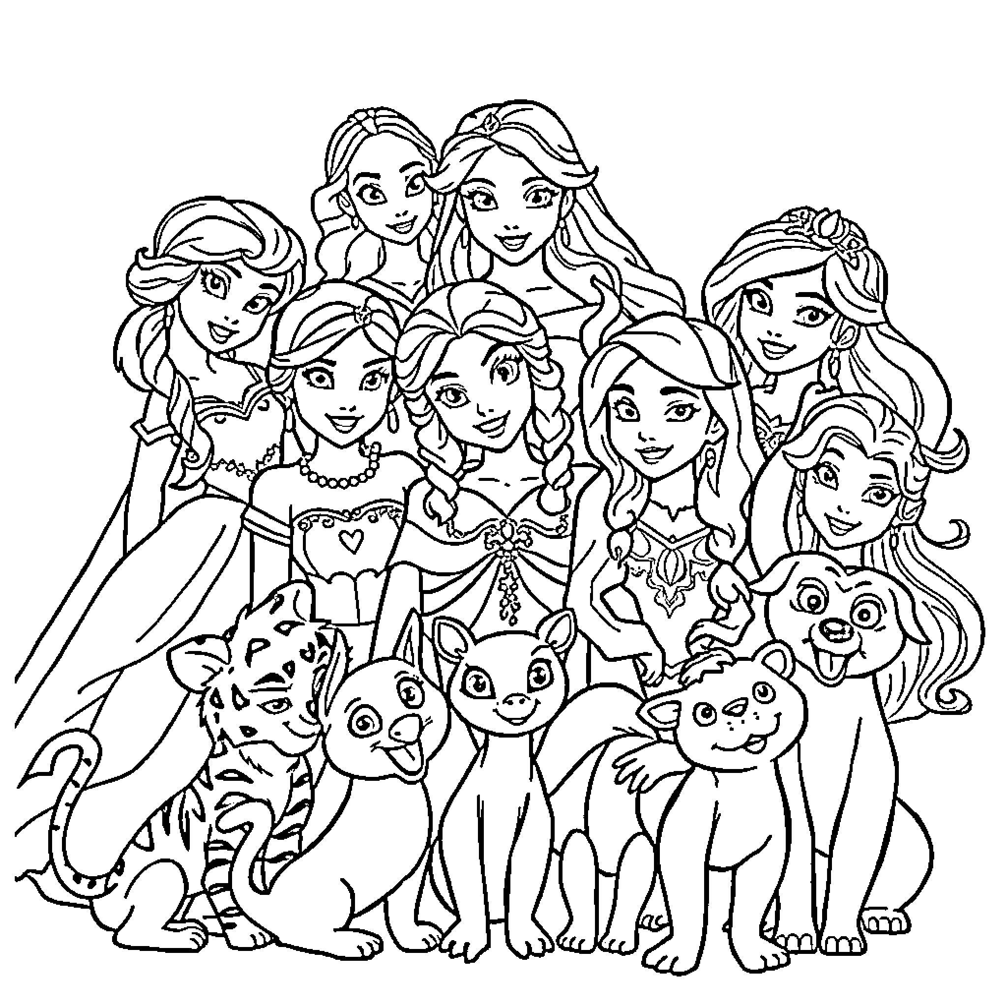 Princess and Friends Gathered Together Coloring Page (free black-and-white line drawing printable PDF for all, from beginners to advanced learners, including children, teens, adults, and seniors)